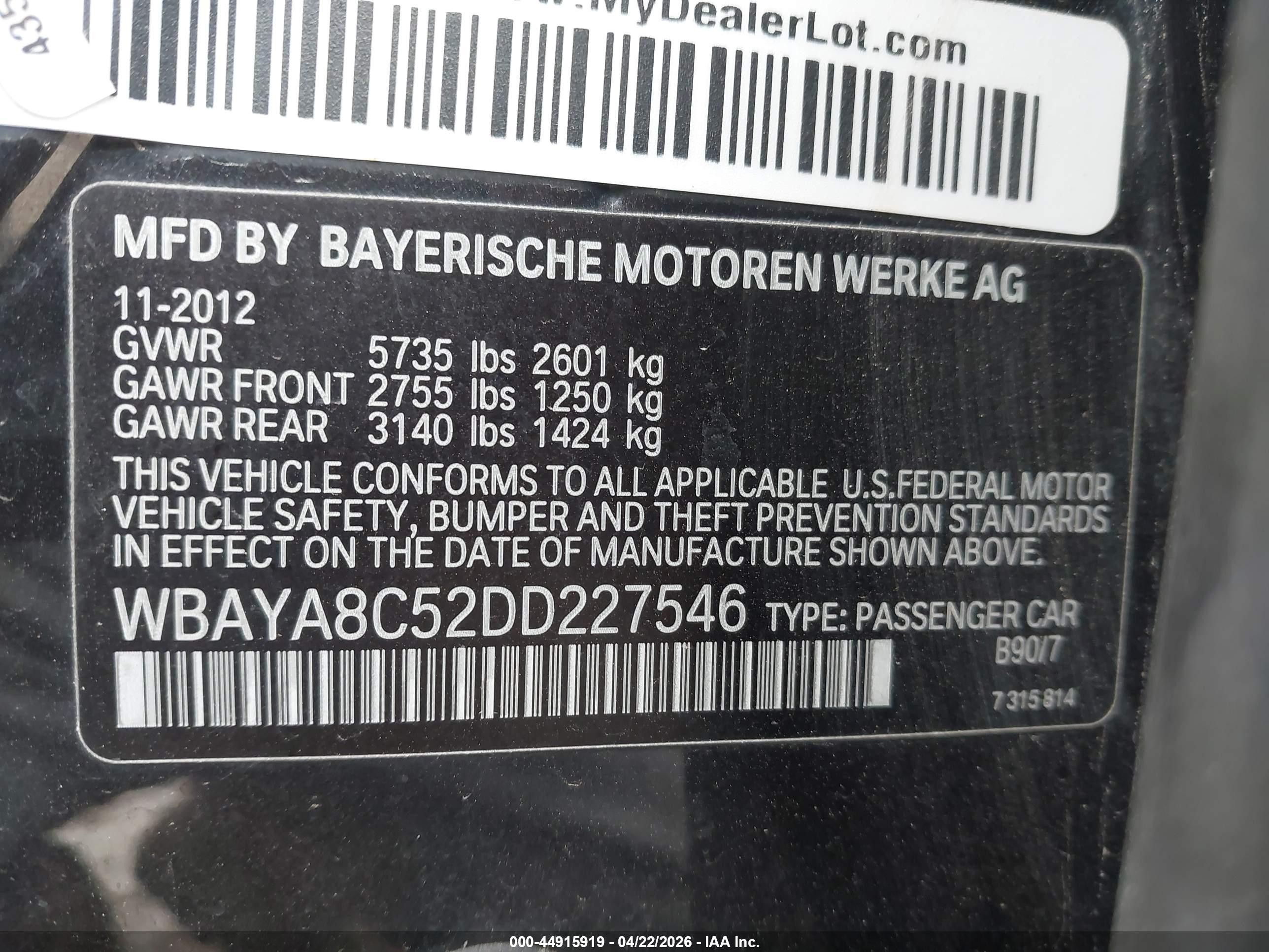 2013 Bmw 750i   Серый vin: WBAYA8C52DD227546