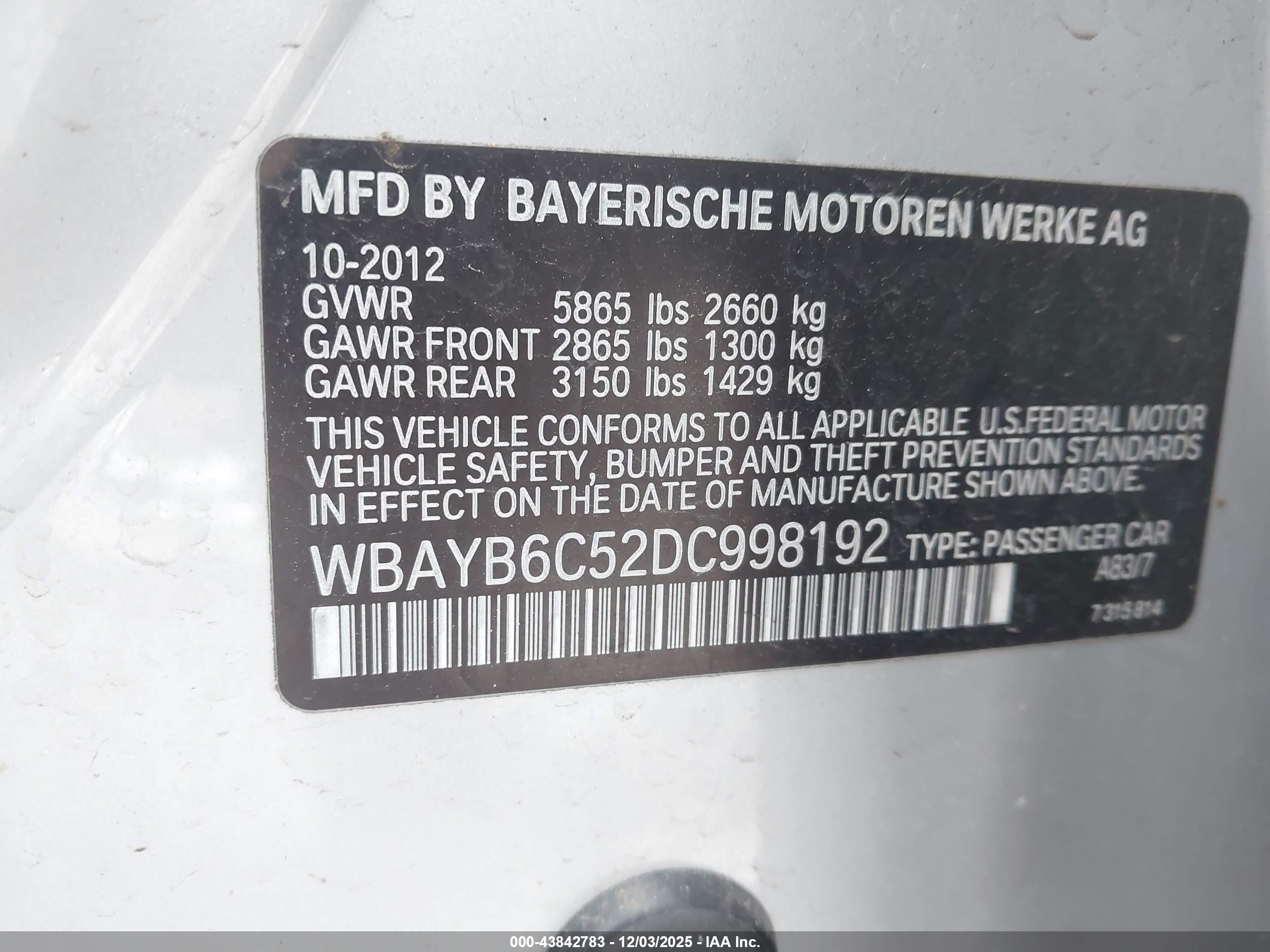 2013 Bmw 750i Xdrive Silver vin: WBAYB6C52DC998192