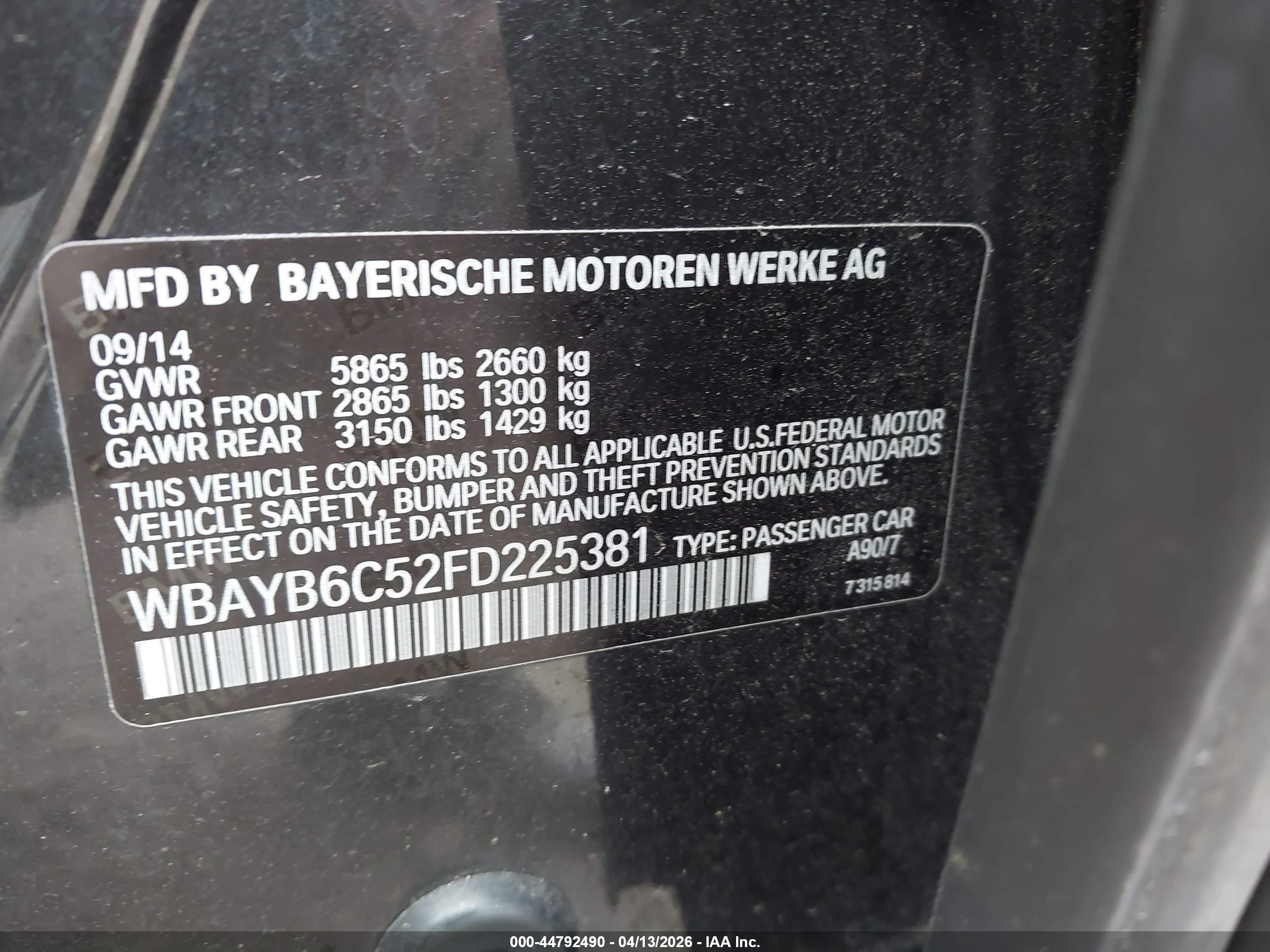 2015 Bmw 750i Xdrive Gray vin: WBAYB6C52FD225381