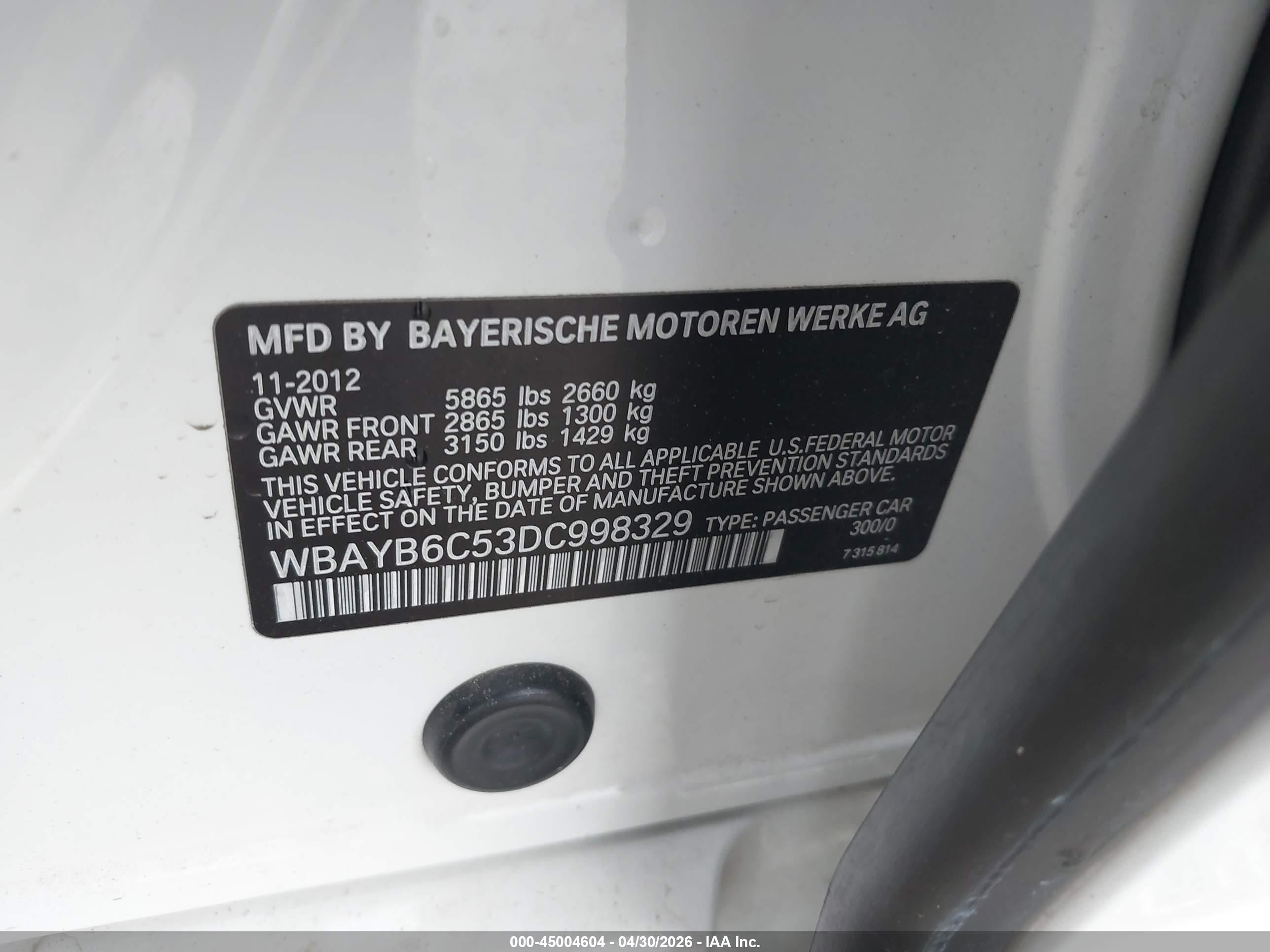 2013 Bmw 750i Xdrive White vin: WBAYB6C53DC998329