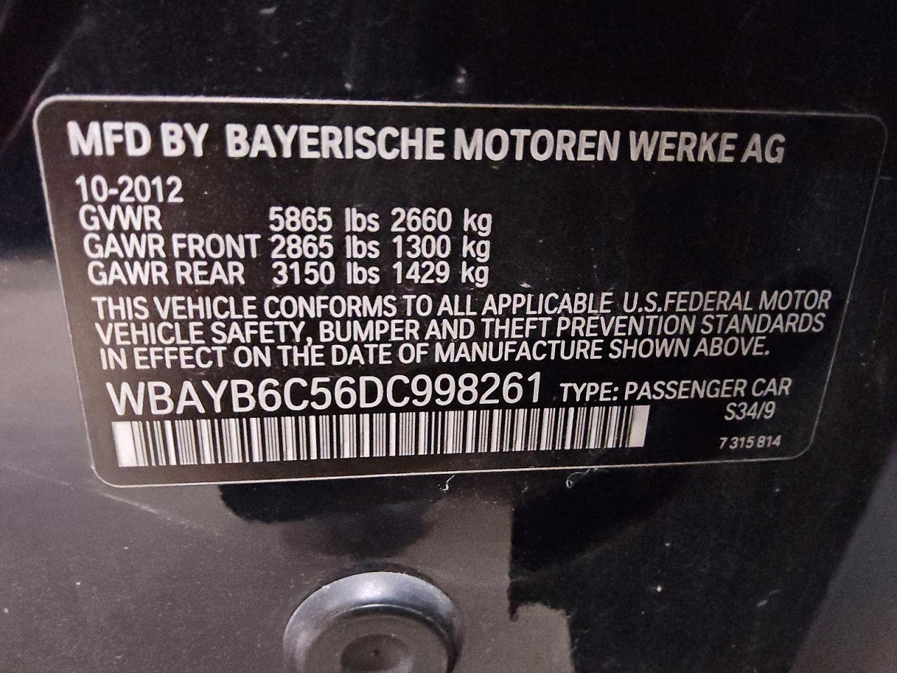 2013 Bmw 750 Xi Black vin: WBAYB6C56DC998261
