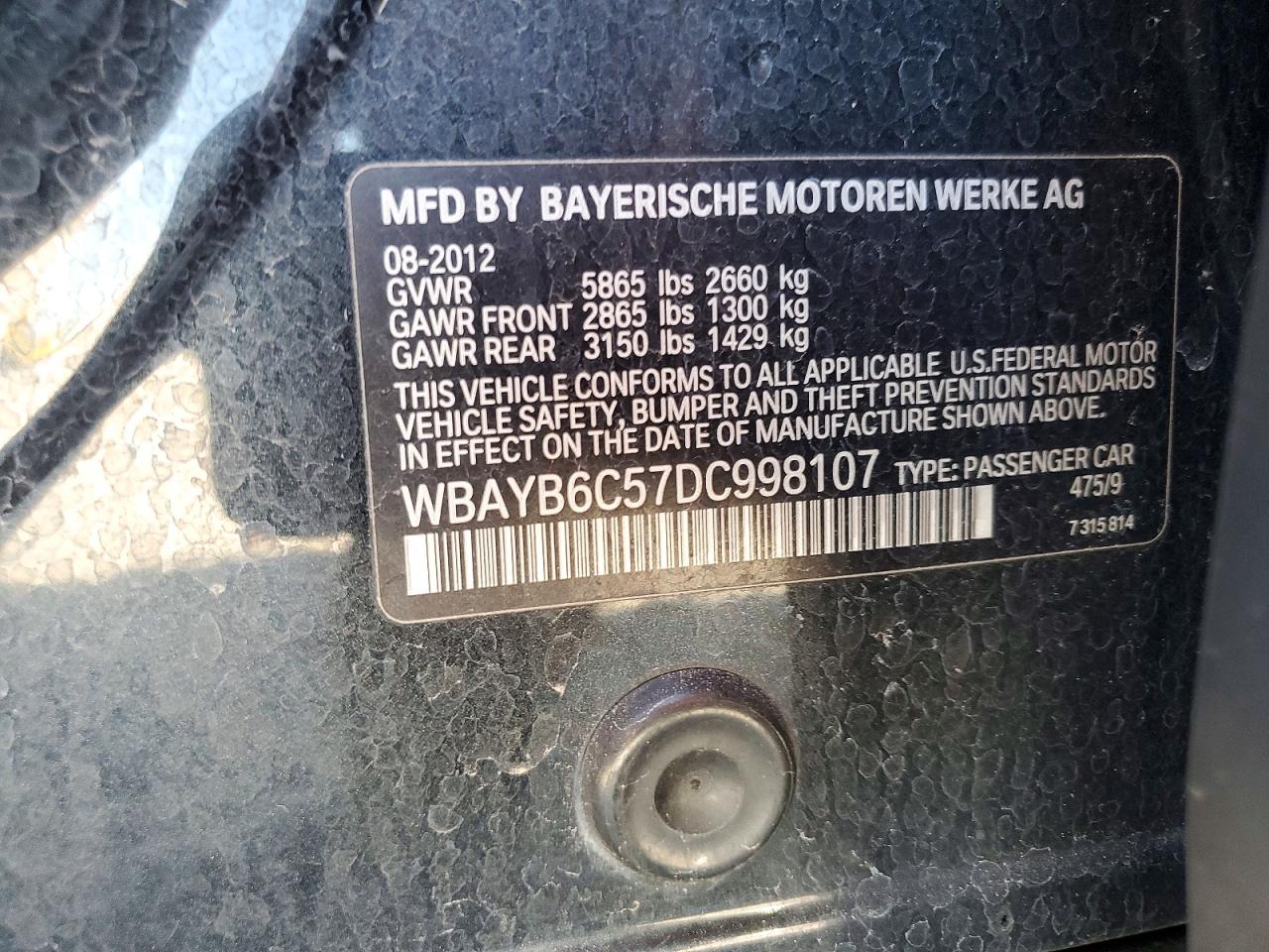 2013 Bmw 750 Xi Black vin: WBAYB6C57DC998107