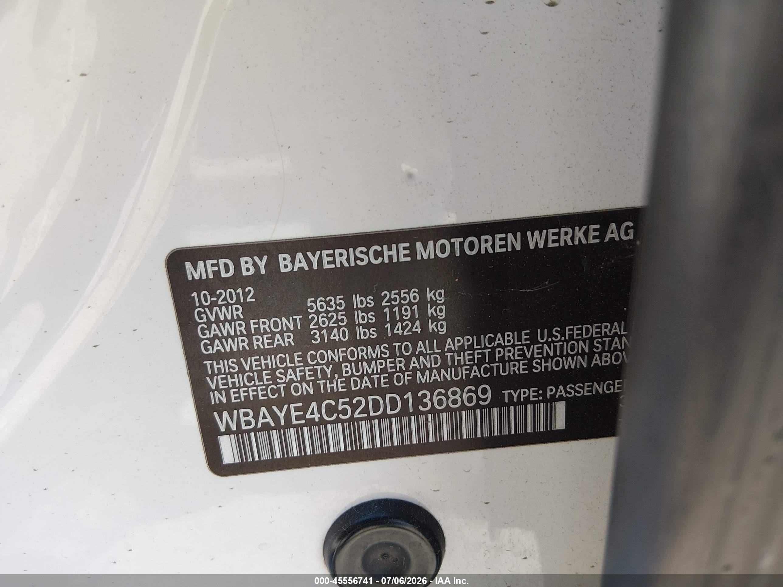 2013 Bmw 740li Белый vin: WBAYE4C52DD136869