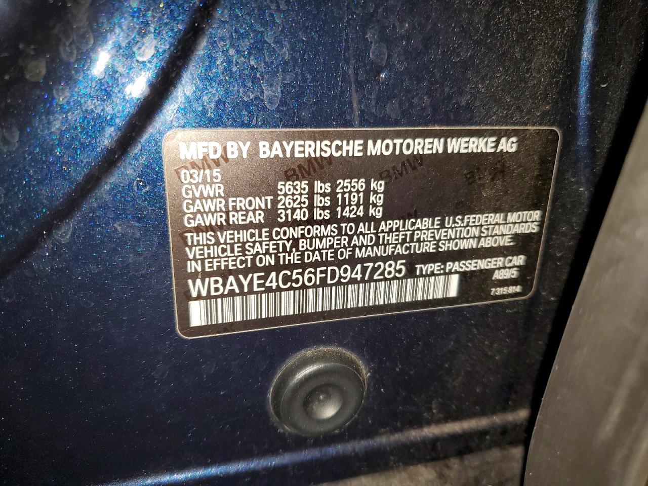 2015 Bmw 740 Li Blue vin: WBAYE4C56FD947285
