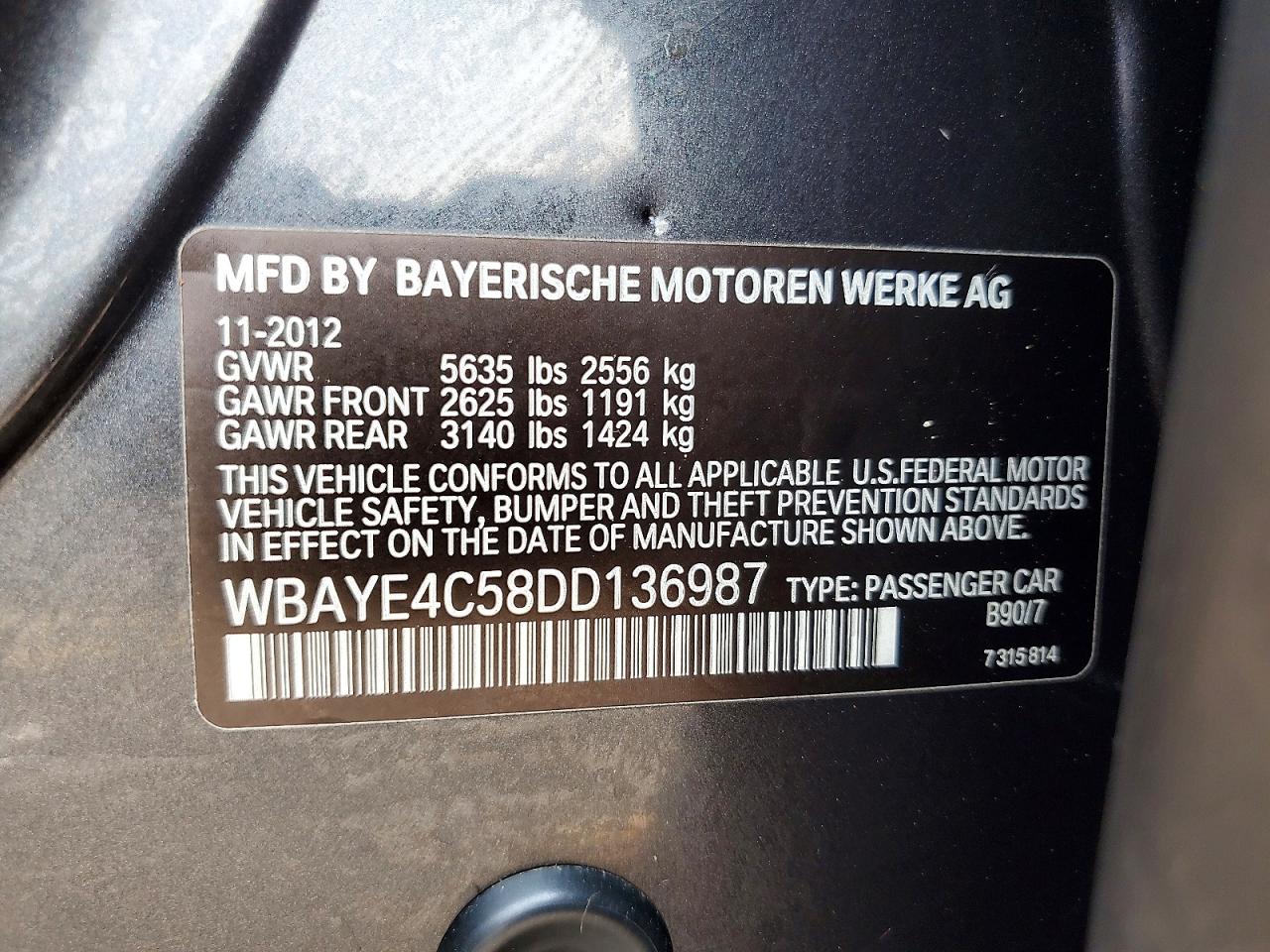 2013 Bmw 740 Li Charcoal vin: WBAYE4C58DD136987