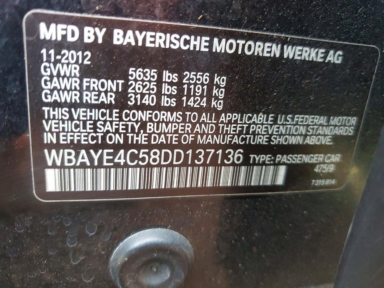 2013 Bmw 740 Li Black vin: WBAYE4C58DD137136