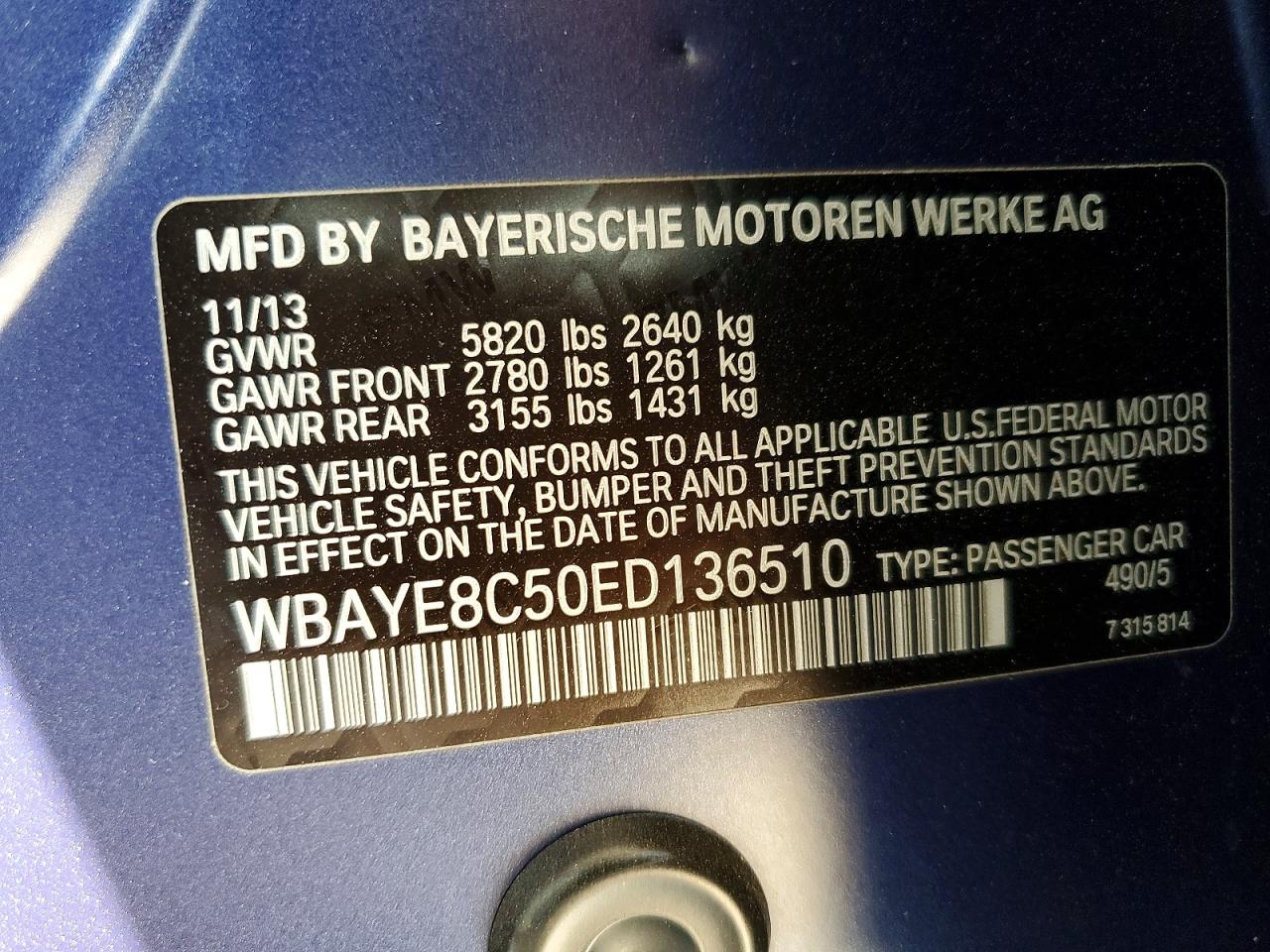 2014 Bmw Motorrad 750 Blue vin: WBAYE8C50ED136510