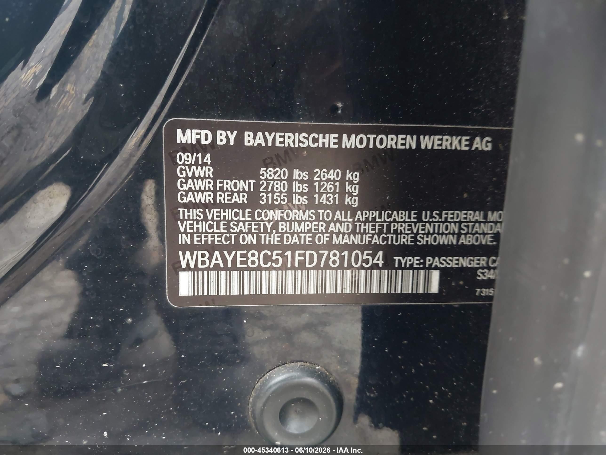 2015 Bmw 750li   Black vin: WBAYE8C51FD781054