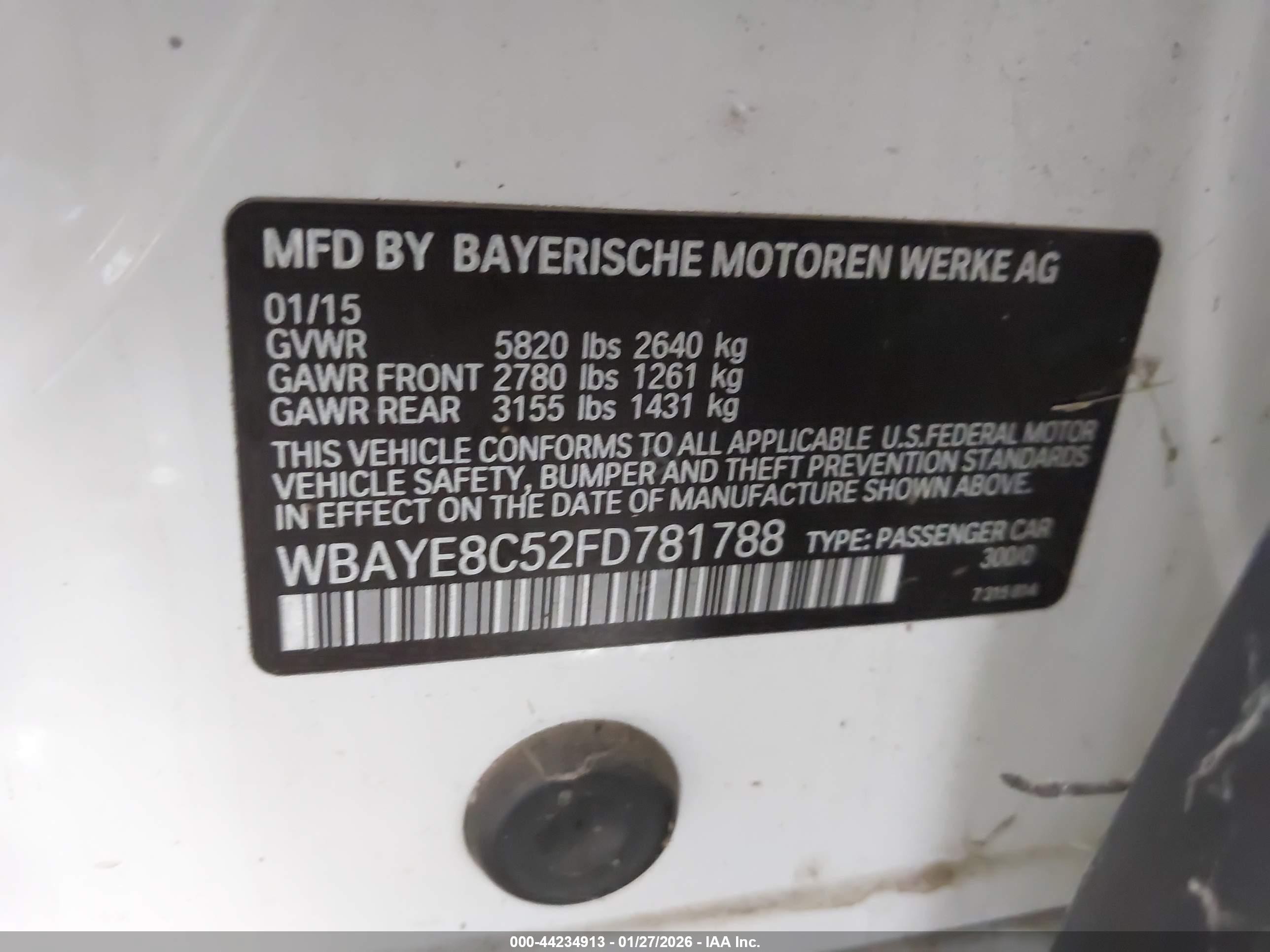 2015 Bmw 750li   White vin: WBAYE8C52FD781788