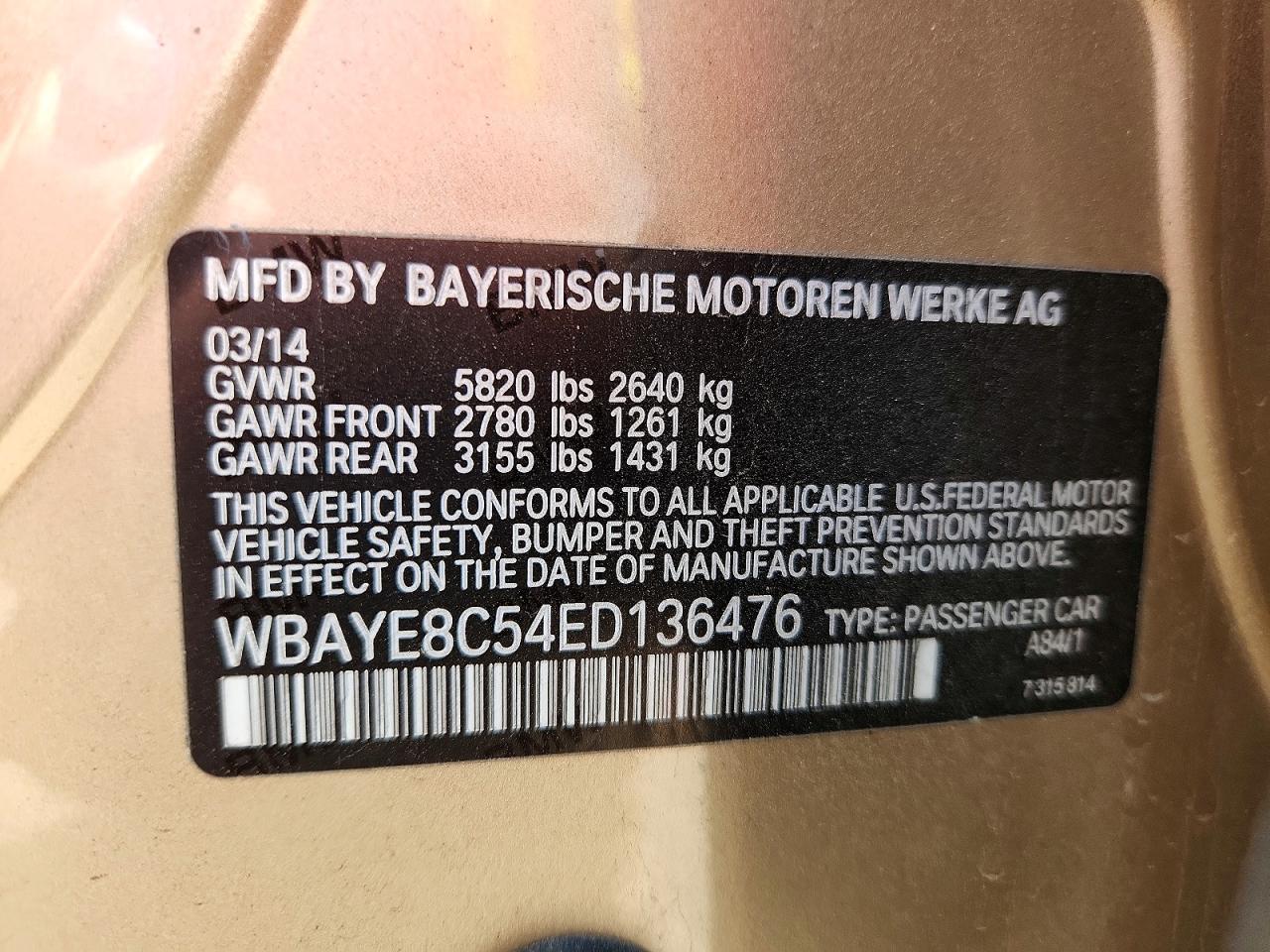 2014 Bmw 750 Li Золотой vin: WBAYE8C54ED136476