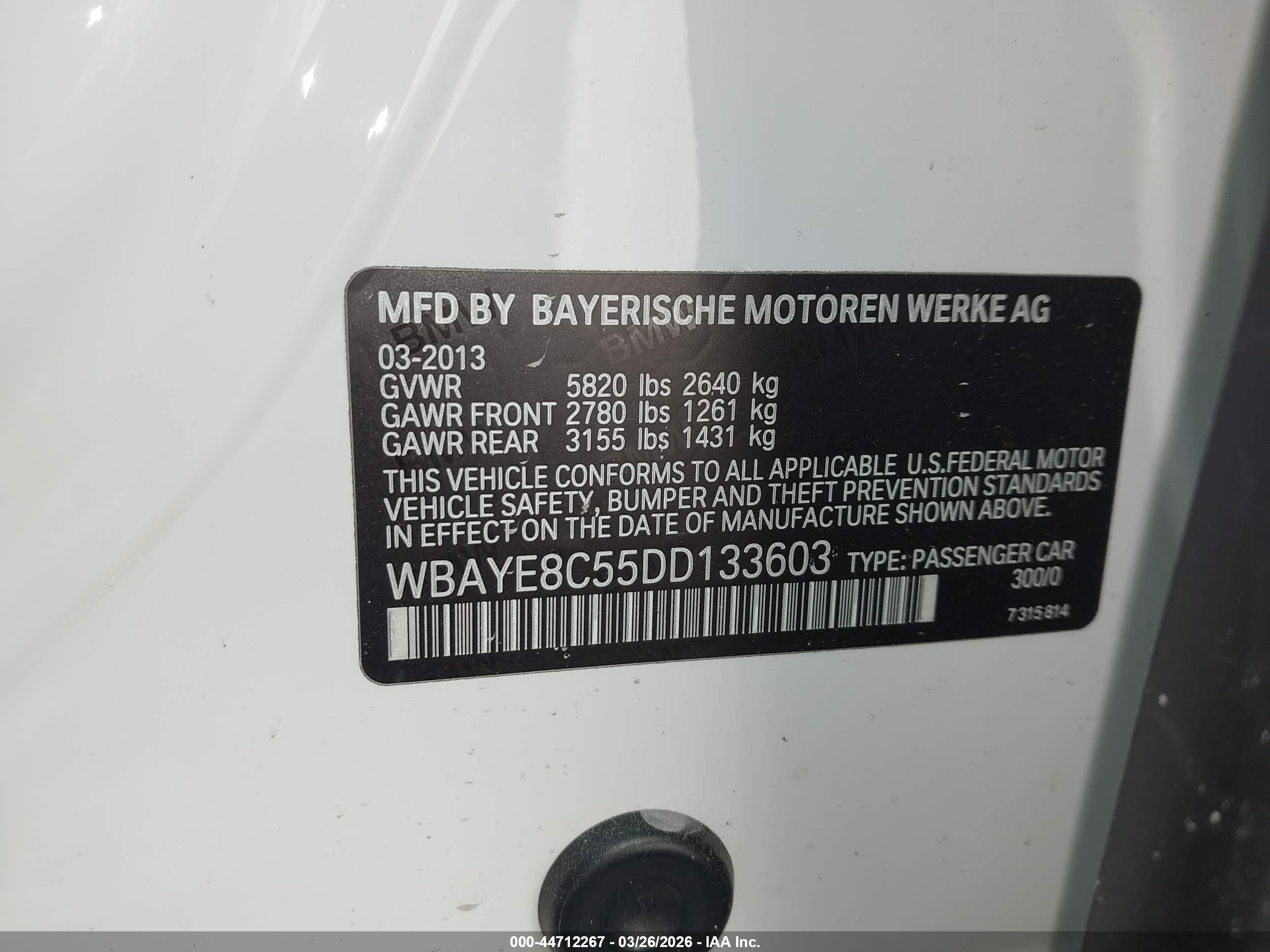 2013 Bmw 750li   White vin: WBAYE8C55DD133603