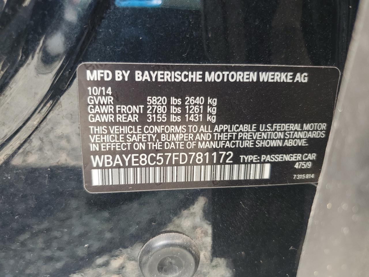 2015 Bmw 750 Li Black vin: WBAYE8C57FD781172