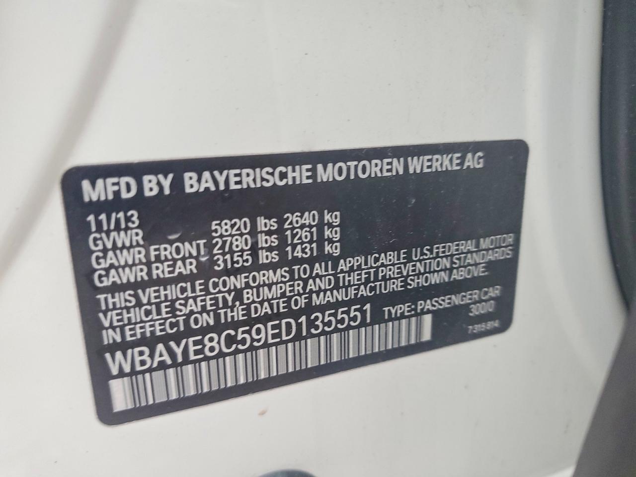 2014 Bmw 750 Li Белый vin: WBAYE8C59ED135551