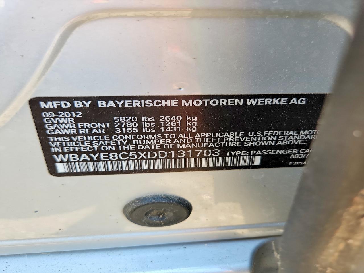 2013 Bmw 750 Li Gray vin: WBAYE8C5XDD131703