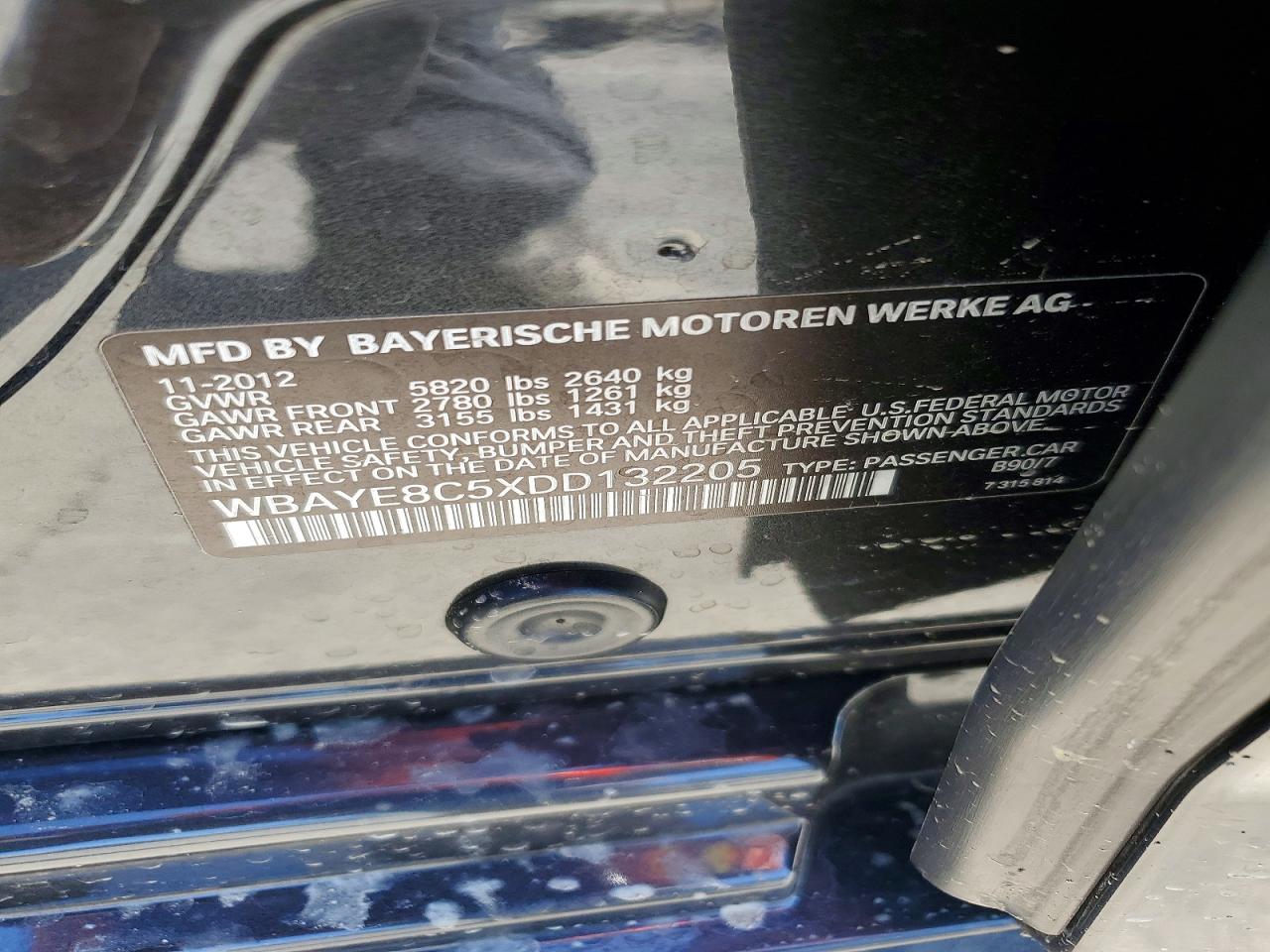 2013 Bmw 750 Li Burn vin: WBAYE8C5XDD132205