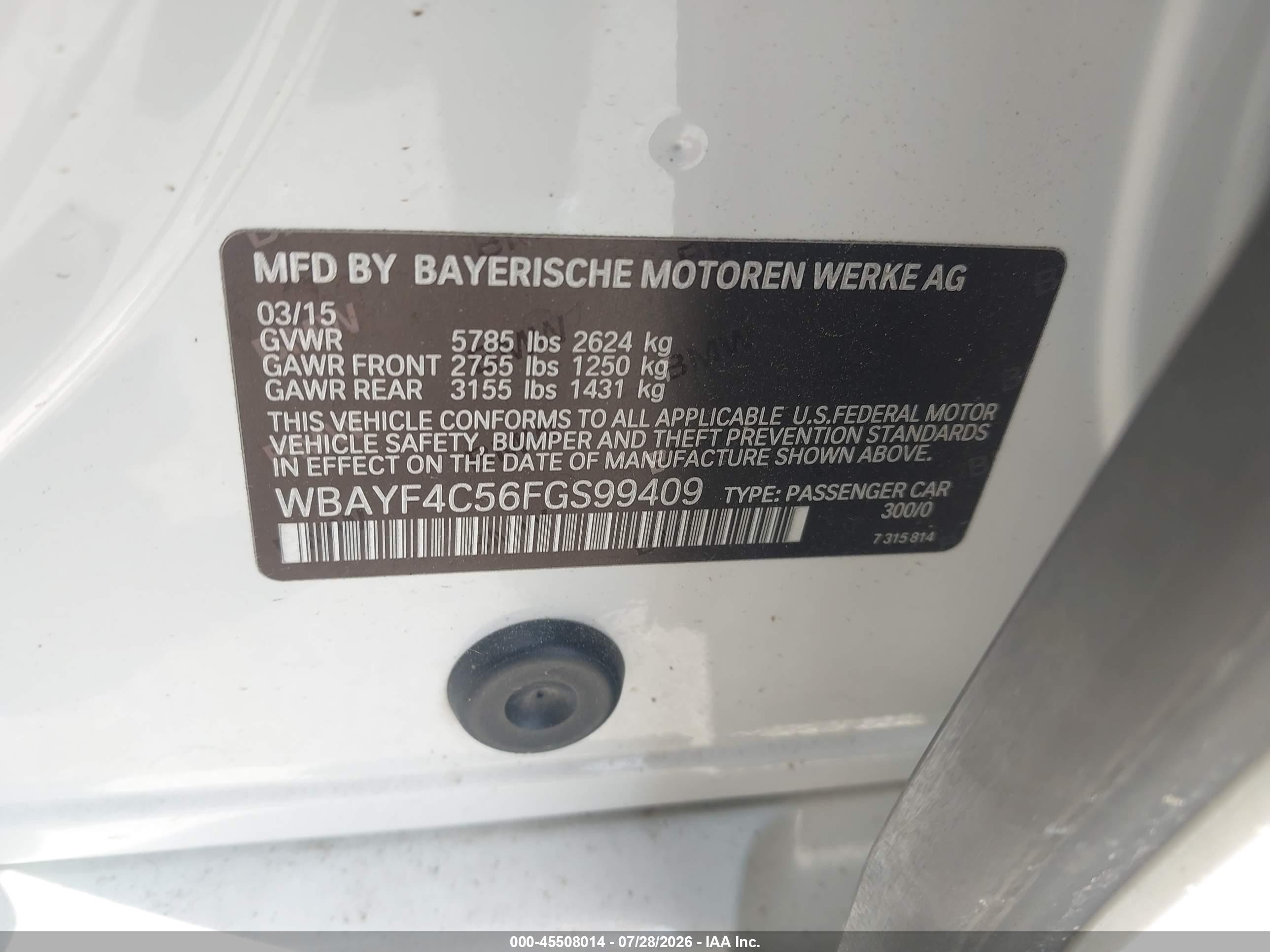 2015 Bmw 740li Xdrive White vin: WBAYF4C56FGS99409