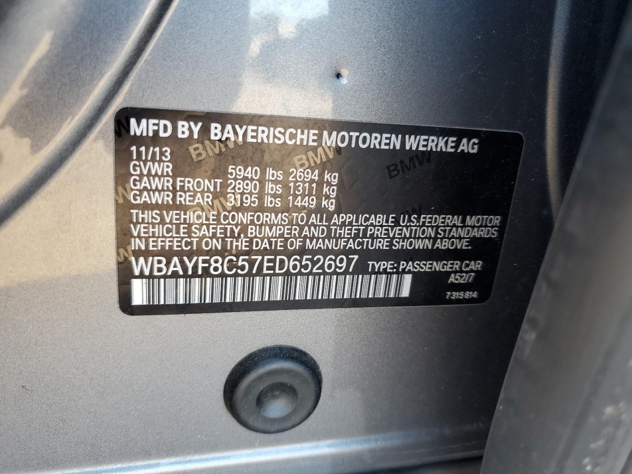 2014 Bmw 750 Lxi Charcoal vin: WBAYF8C57ED652697