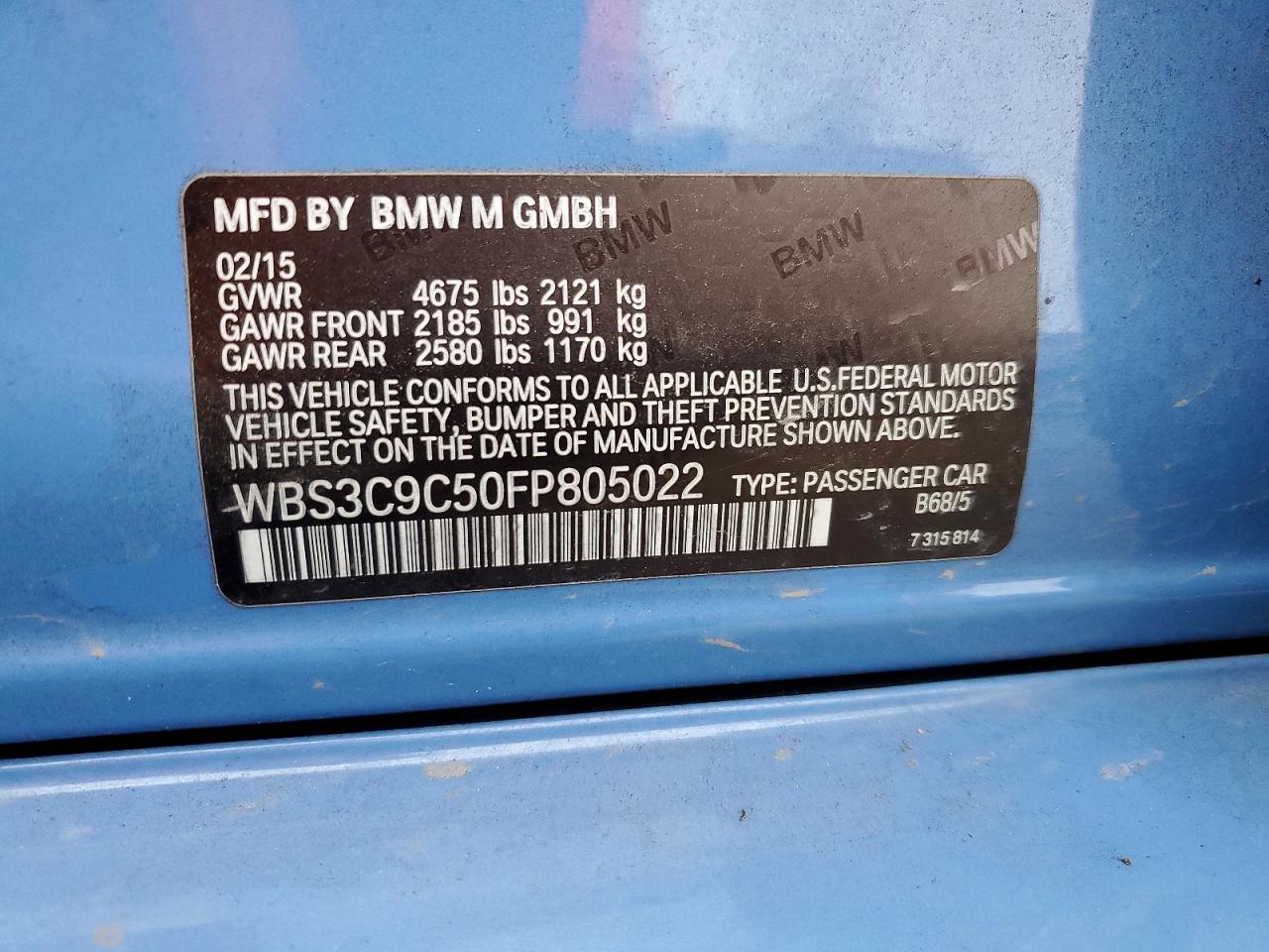 2015 Bmw Motorrad M3 Blue vin: WBS3C9C50FP805022