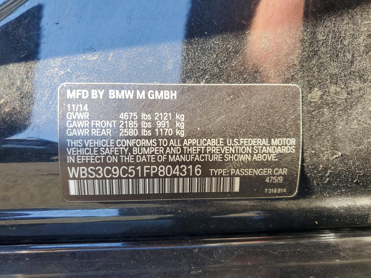2015 Bmw M3 Black vin: WBS3C9C51FP804316