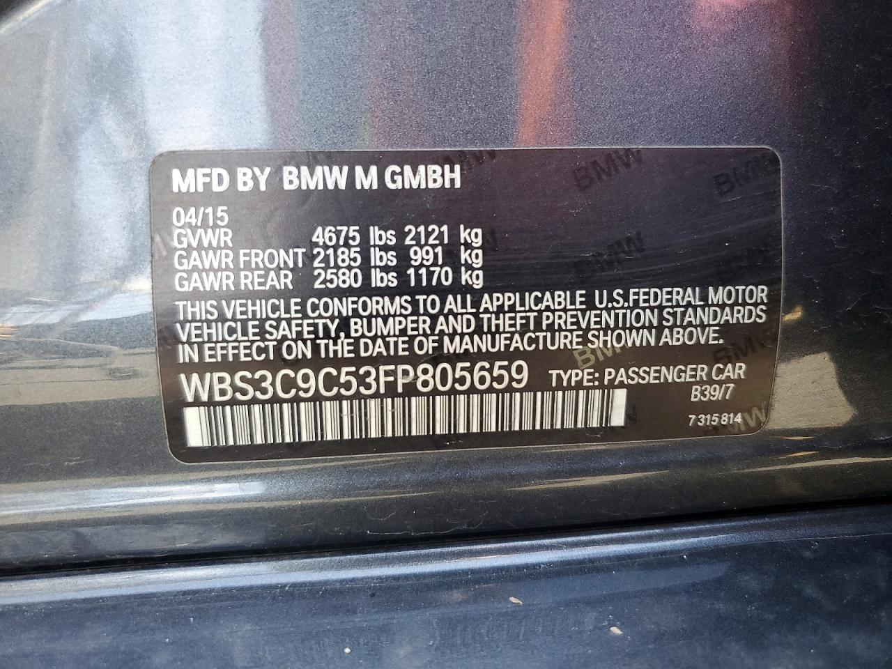 2015 Bmw M3 Charcoal vin: WBS3C9C53FP805659