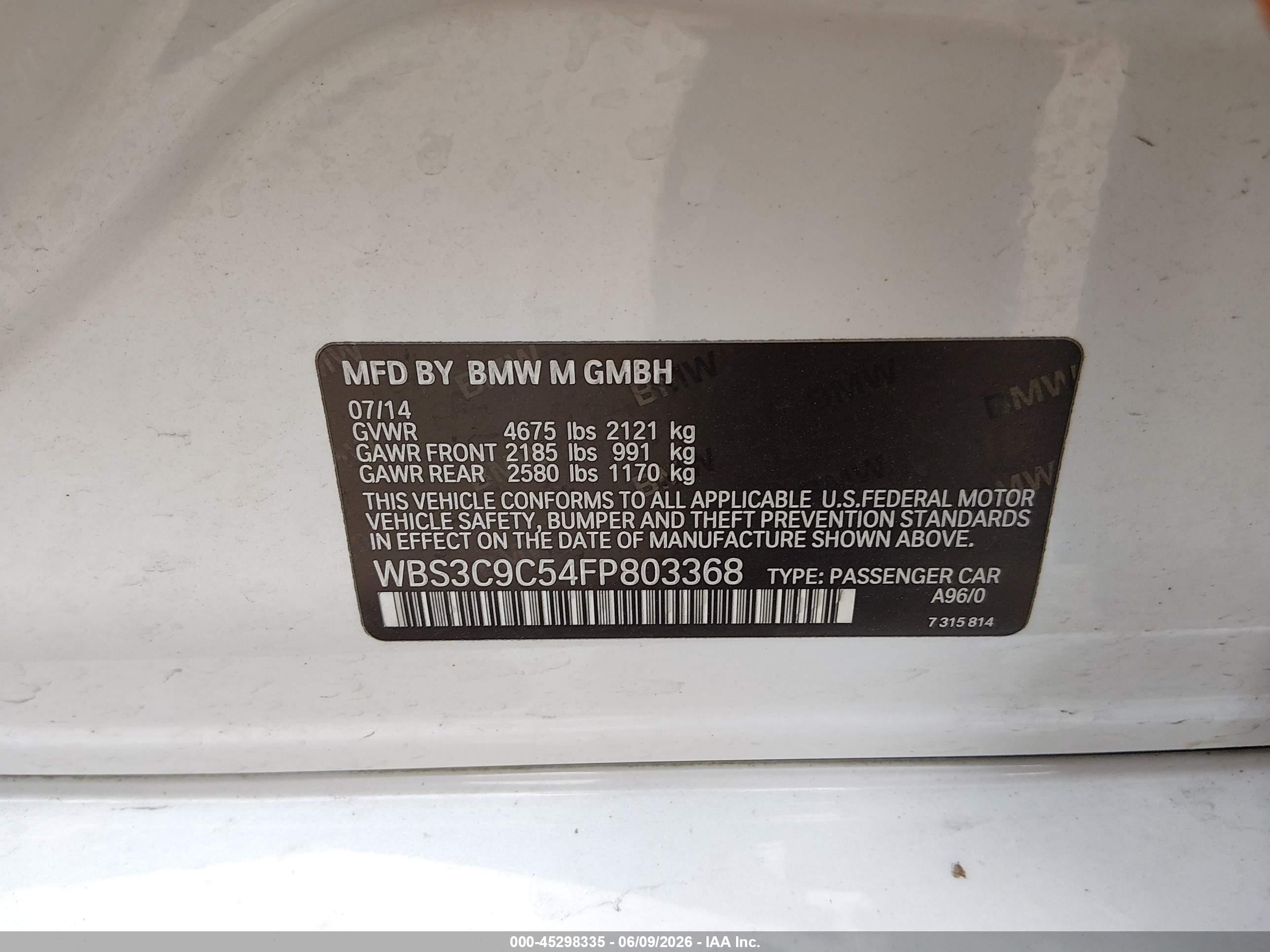 2015 Bmw M3   White vin: WBS3C9C54FP803368