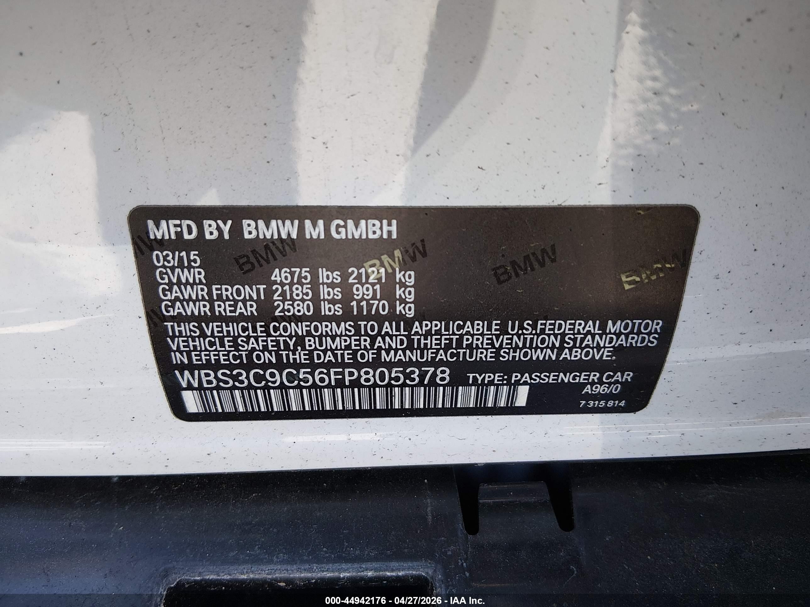 2015 Bmw M3   White vin: WBS3C9C56FP805378