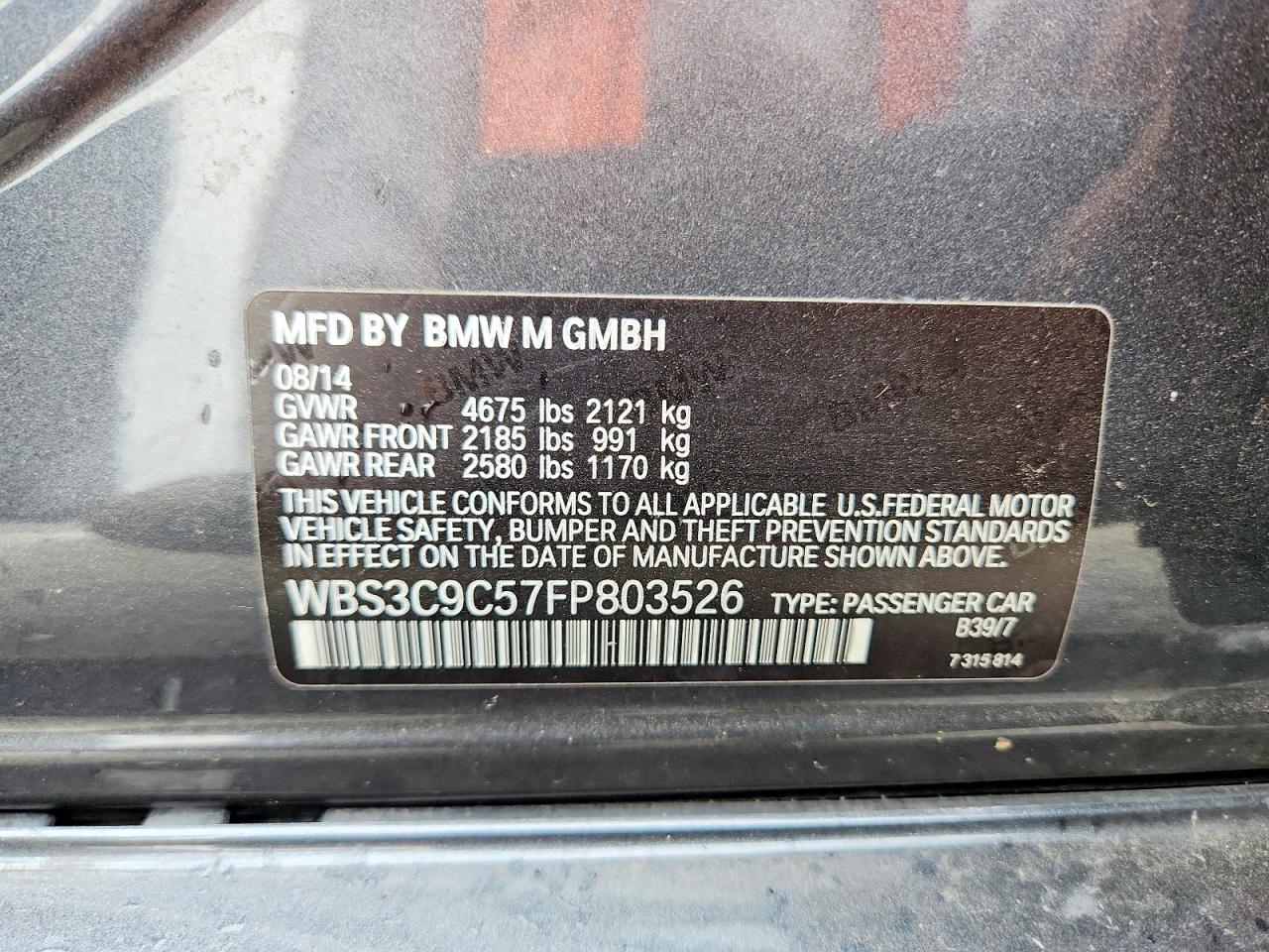 2015 Bmw M3 Gray vin: WBS3C9C57FP803526
