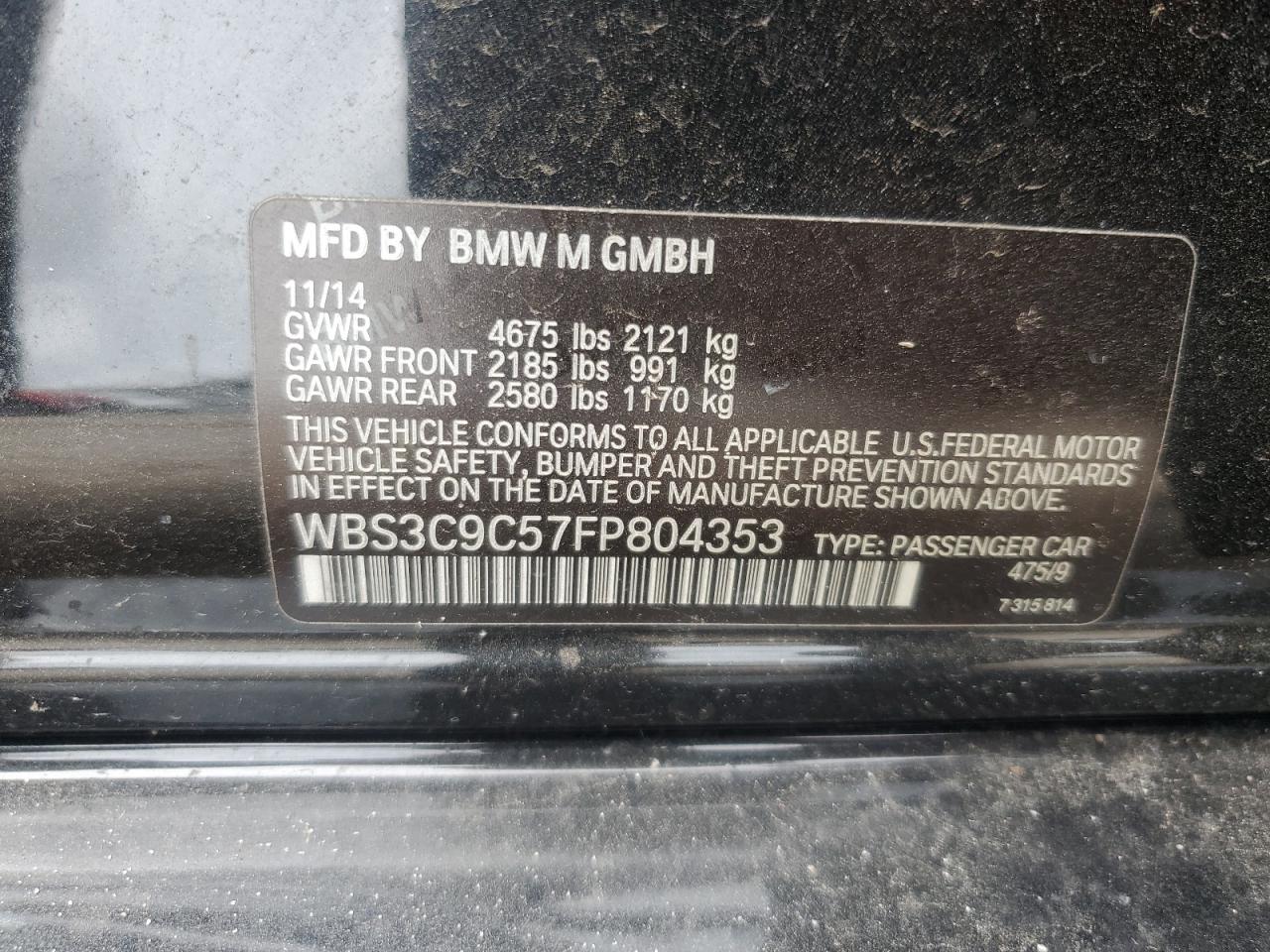 2015 Bmw Motorrad M3 Black vin: WBS3C9C57FP804353