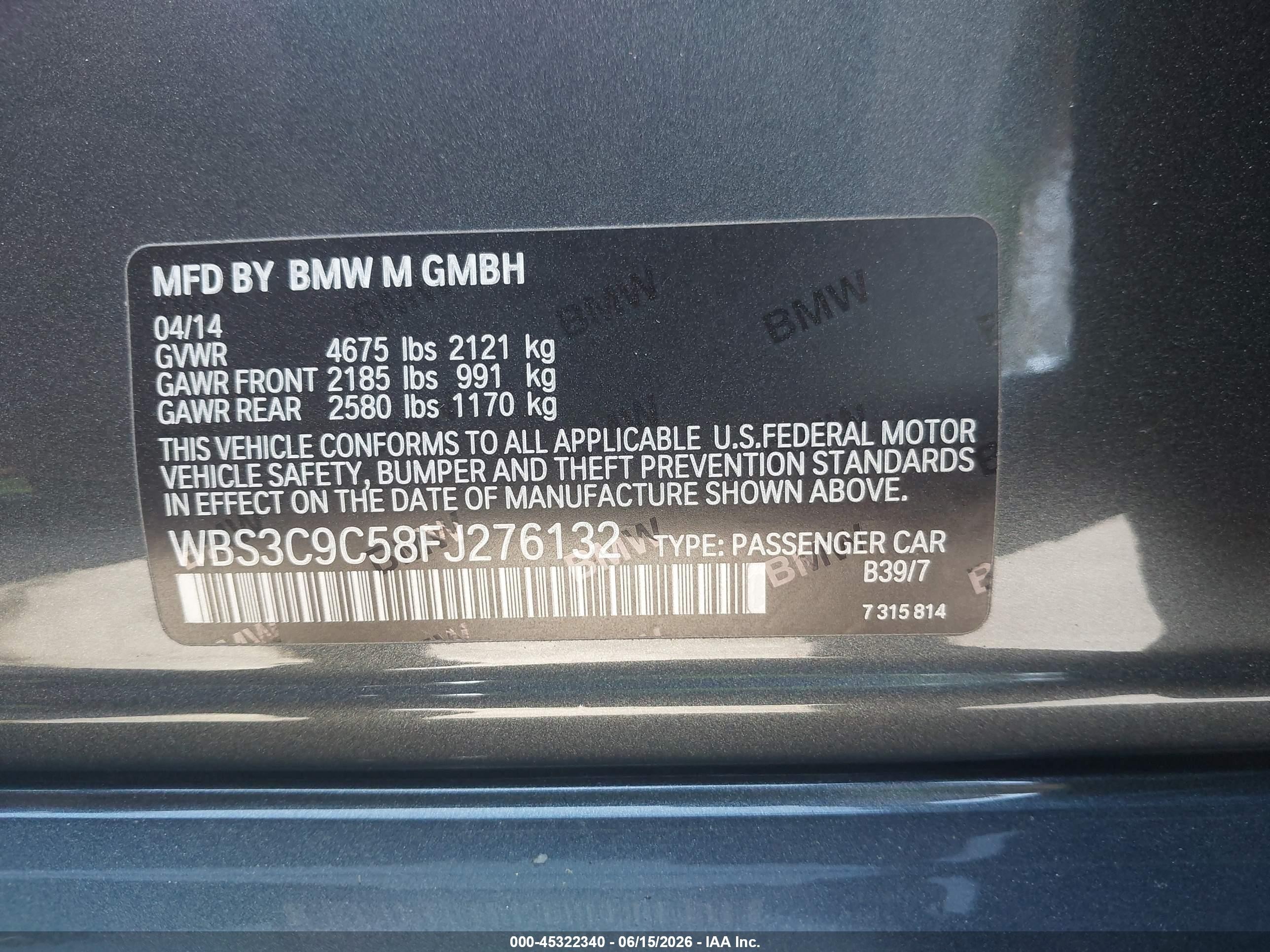 2015 Bmw M3   Gray vin: WBS3C9C58FJ276132