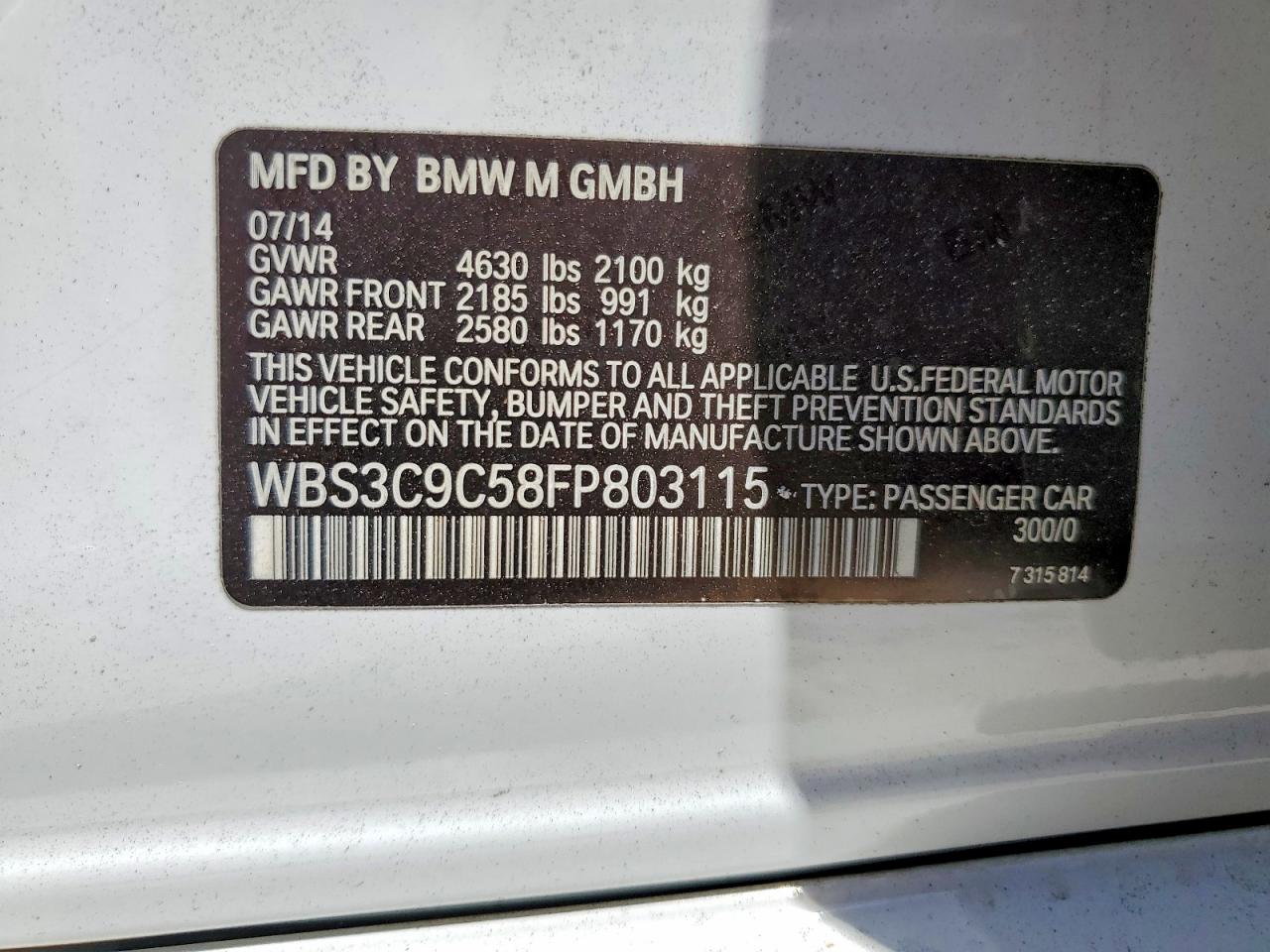 2015 Bmw M3 White vin: WBS3C9C58FP803115