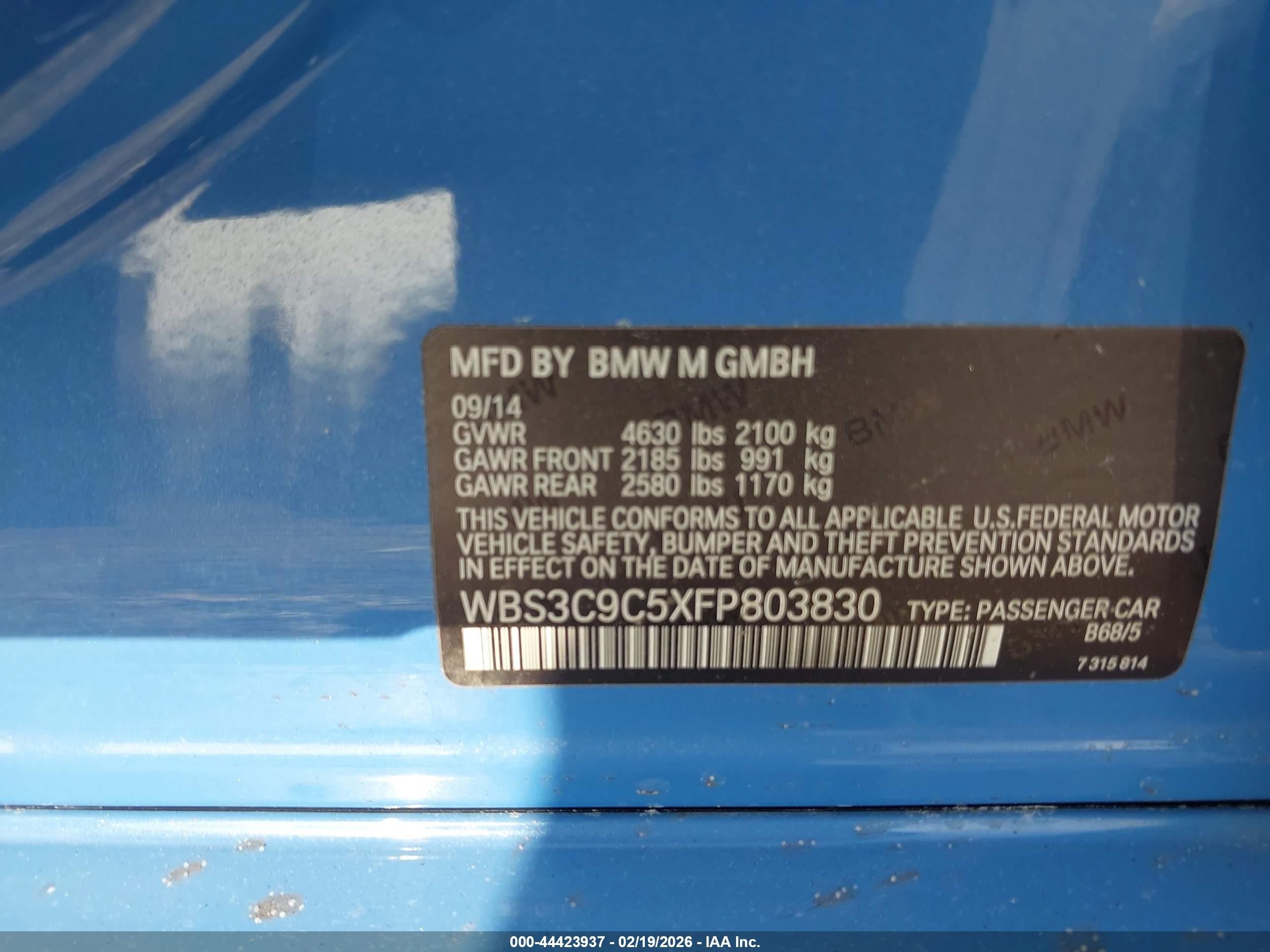 2015 Bmw M3   Blue vin: WBS3C9C5XFP803830