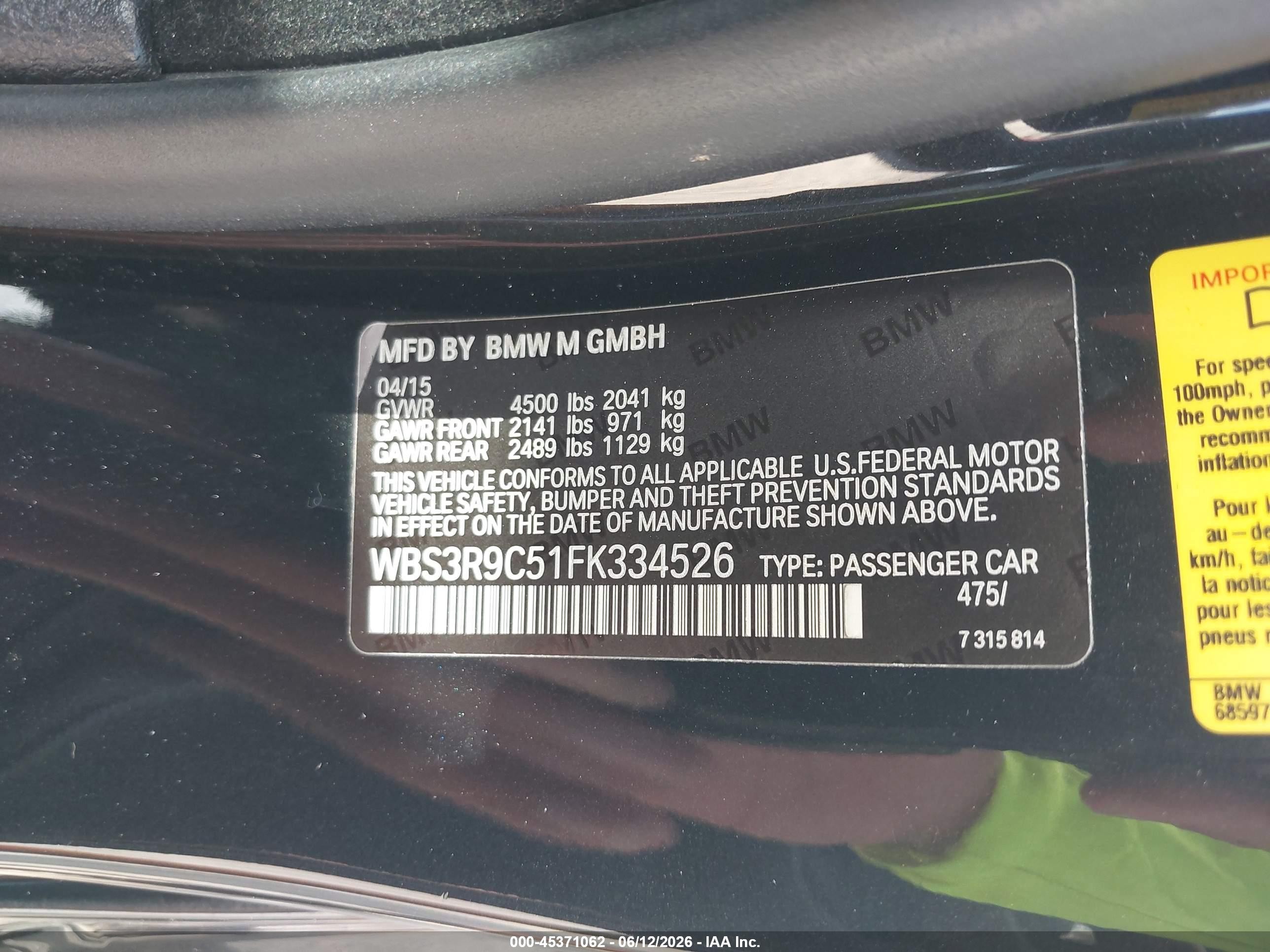 2015 Bmw M4   Black vin: WBS3R9C51FK334526