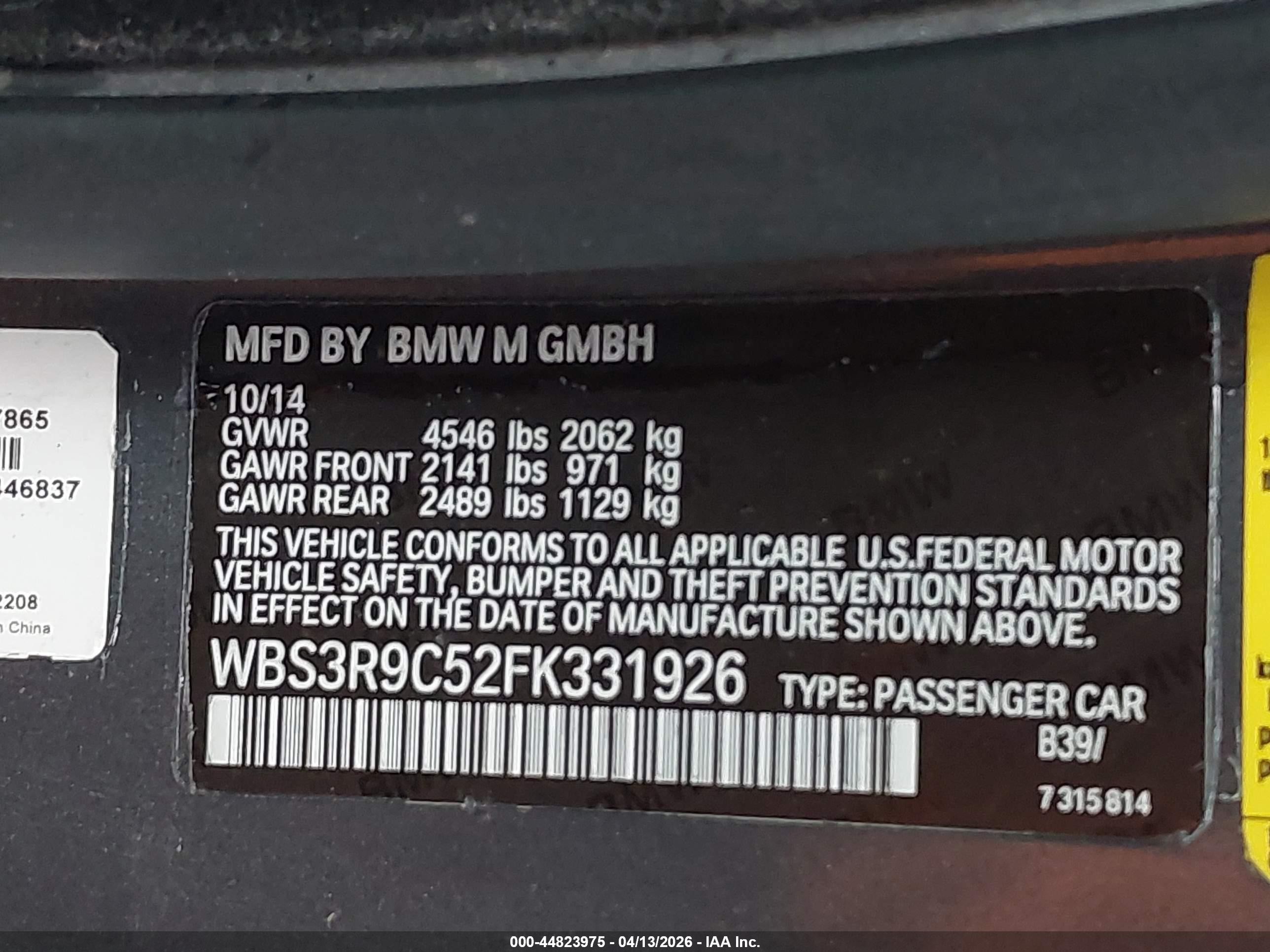 2015 Bmw M4   Black vin: WBS3R9C52FK331926