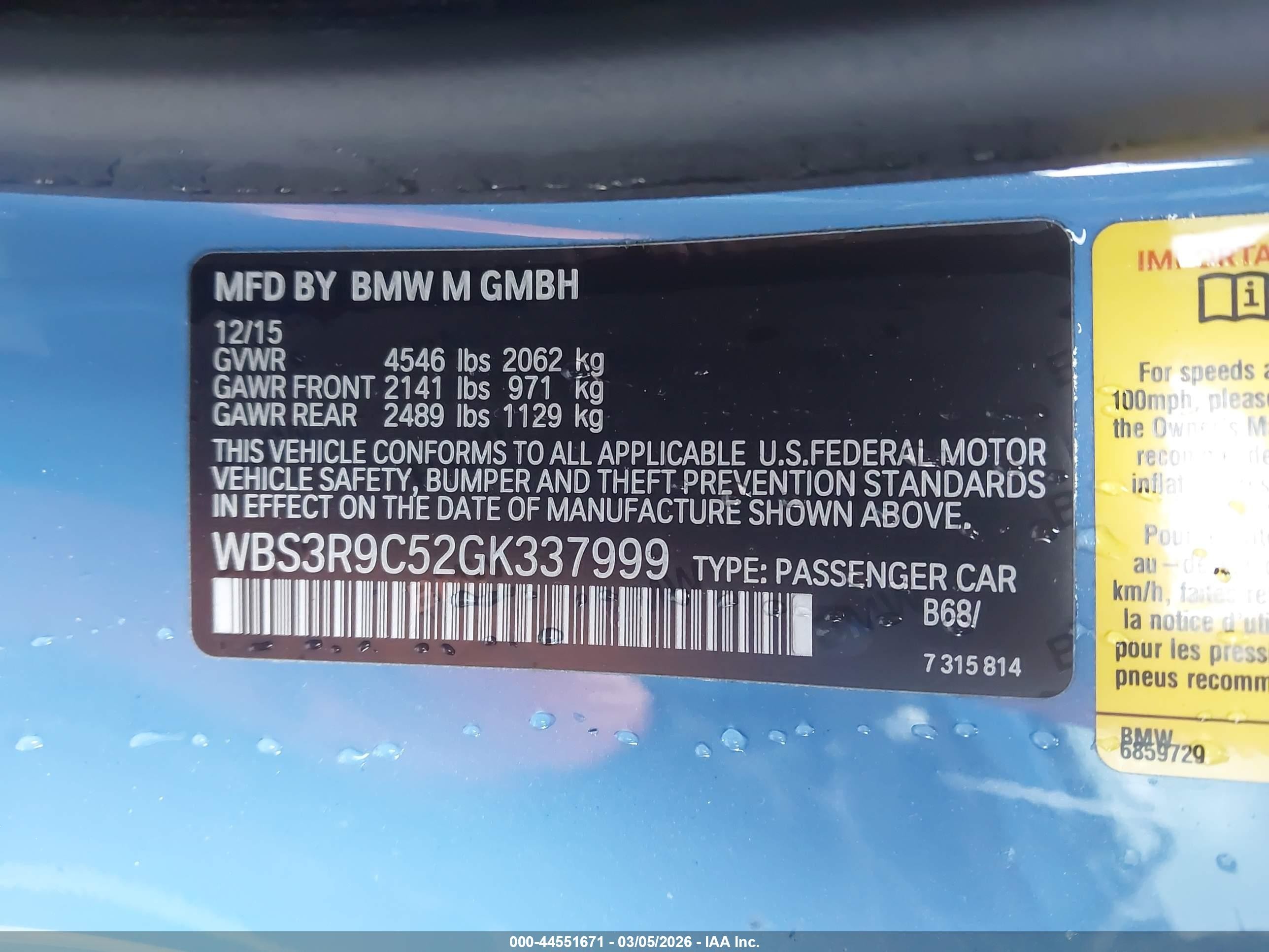 2016 Bmw M4   Blue vin: WBS3R9C52GK337999