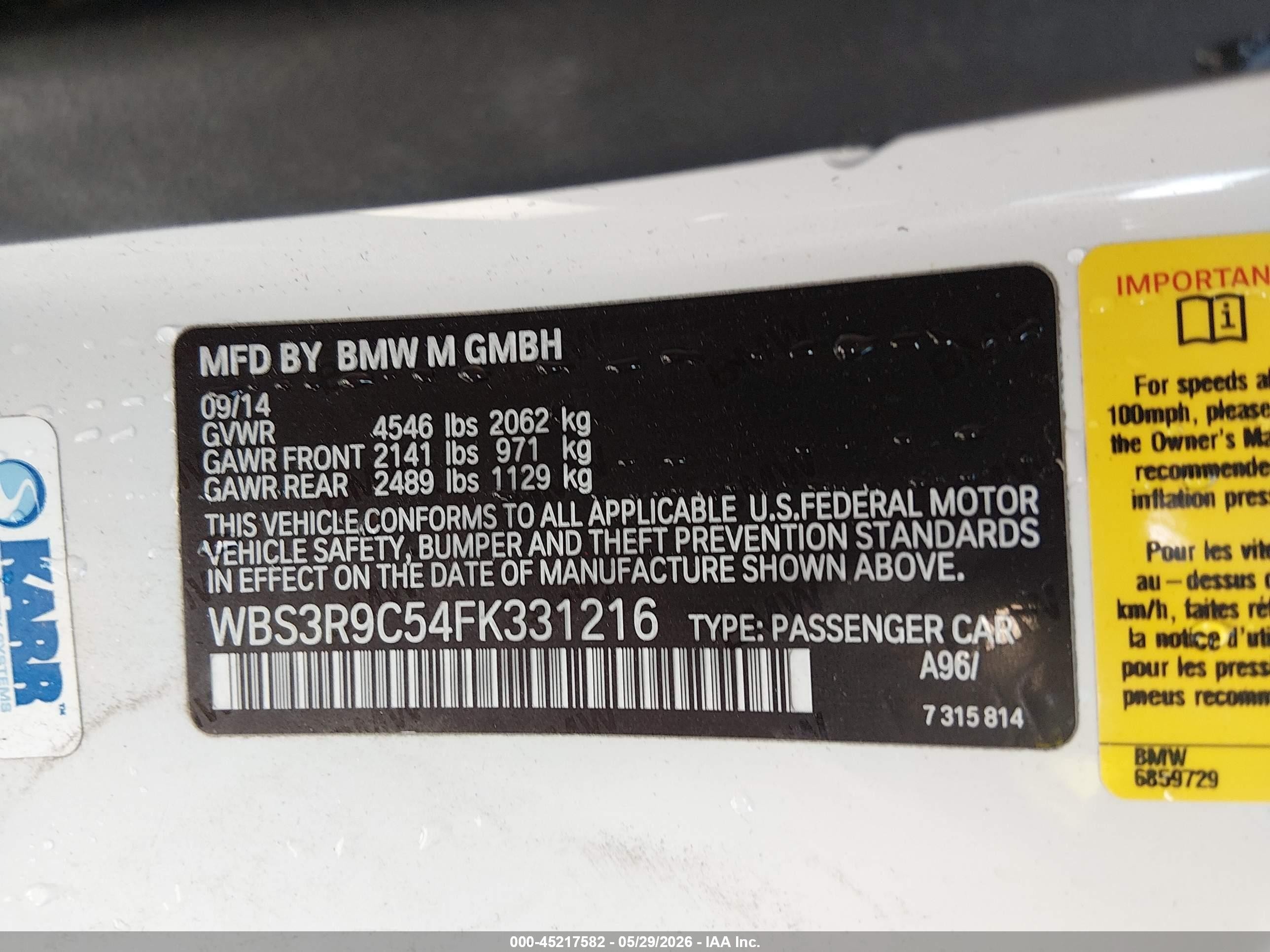 2015 Bmw M4 White vin: WBS3R9C54FK331216