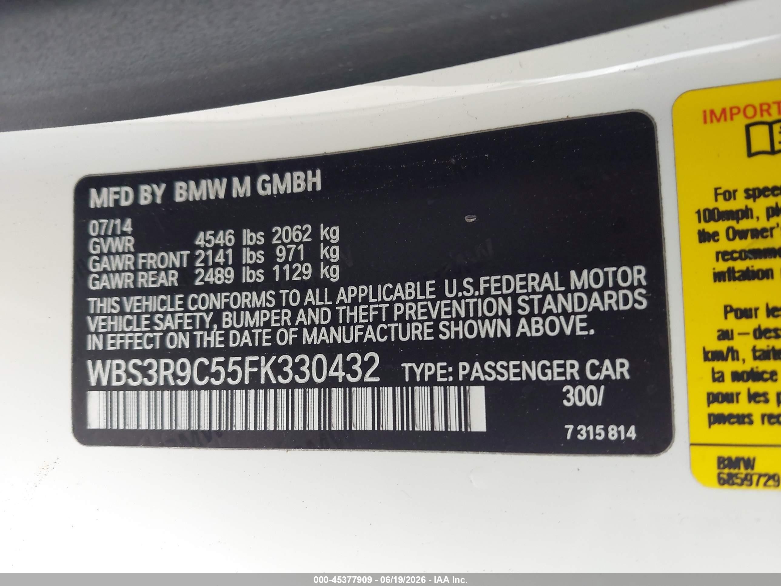 2015 Bmw M4 Белый vin: WBS3R9C55FK330432