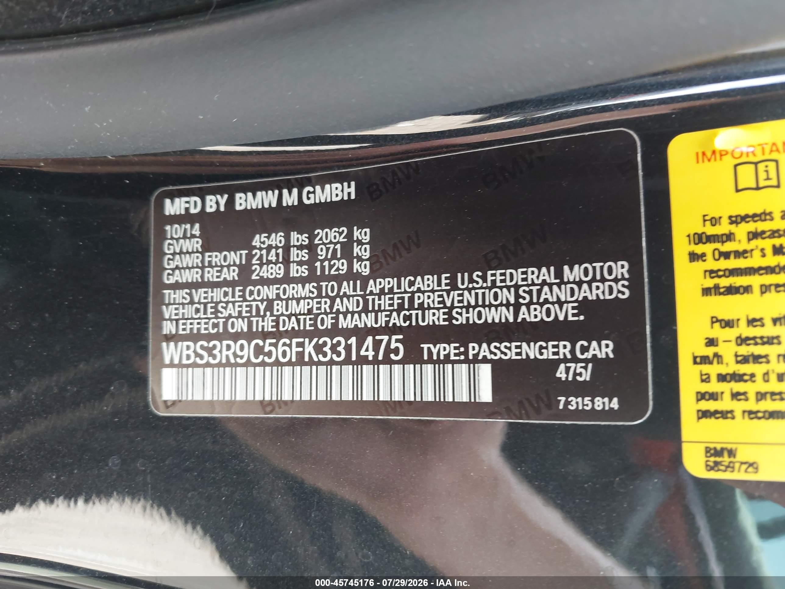 2015 Bmw M4 Black vin: WBS3R9C56FK331475