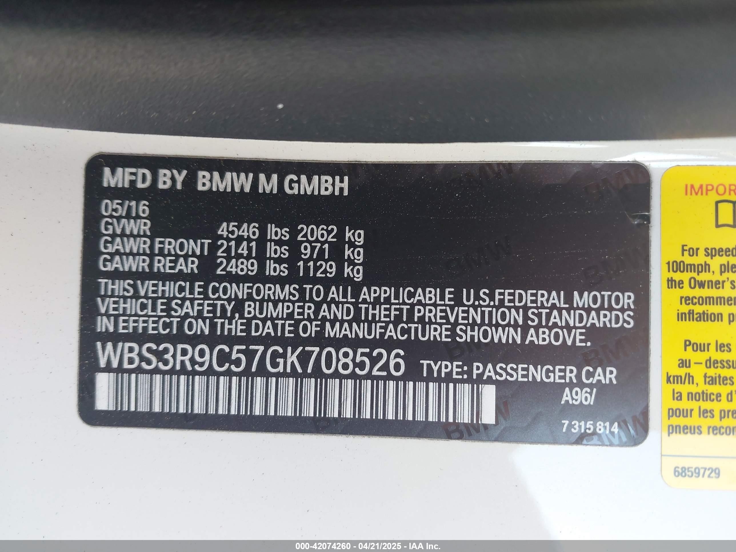 2016 Bmw M4   Белый vin: WBS3R9C57GK708526