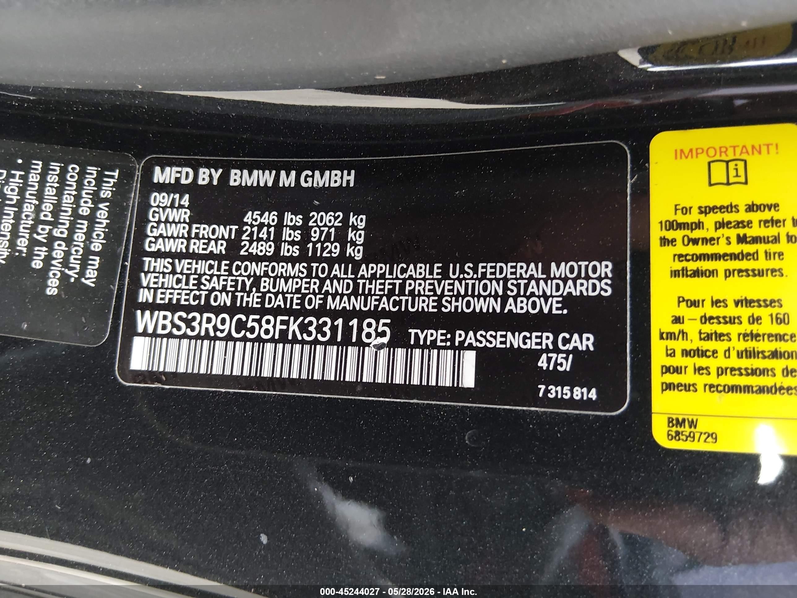 2015 Bmw M4   Black vin: WBS3R9C58FK331185