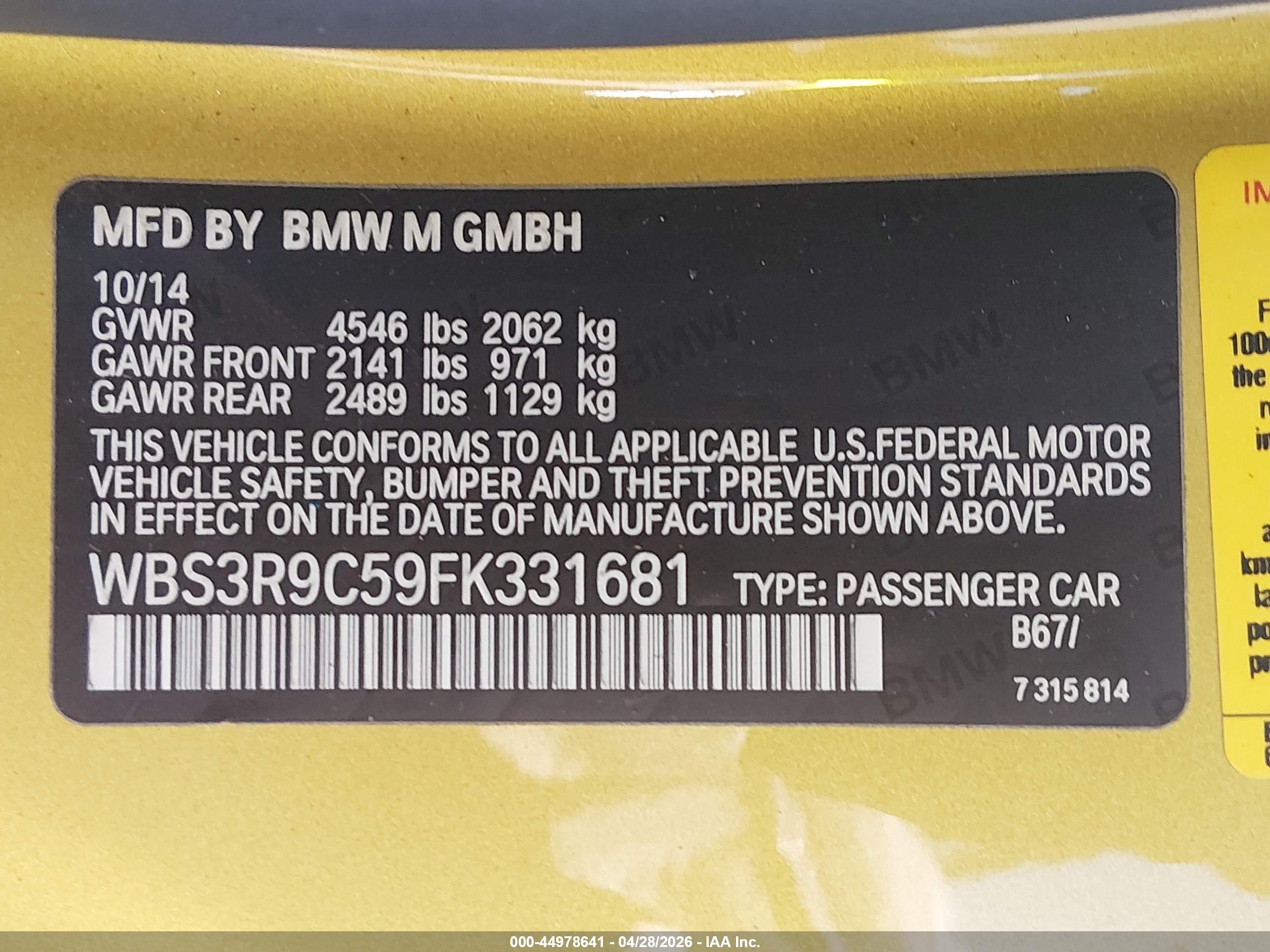 2015 Bmw M4 Green vin: WBS3R9C59FK331681