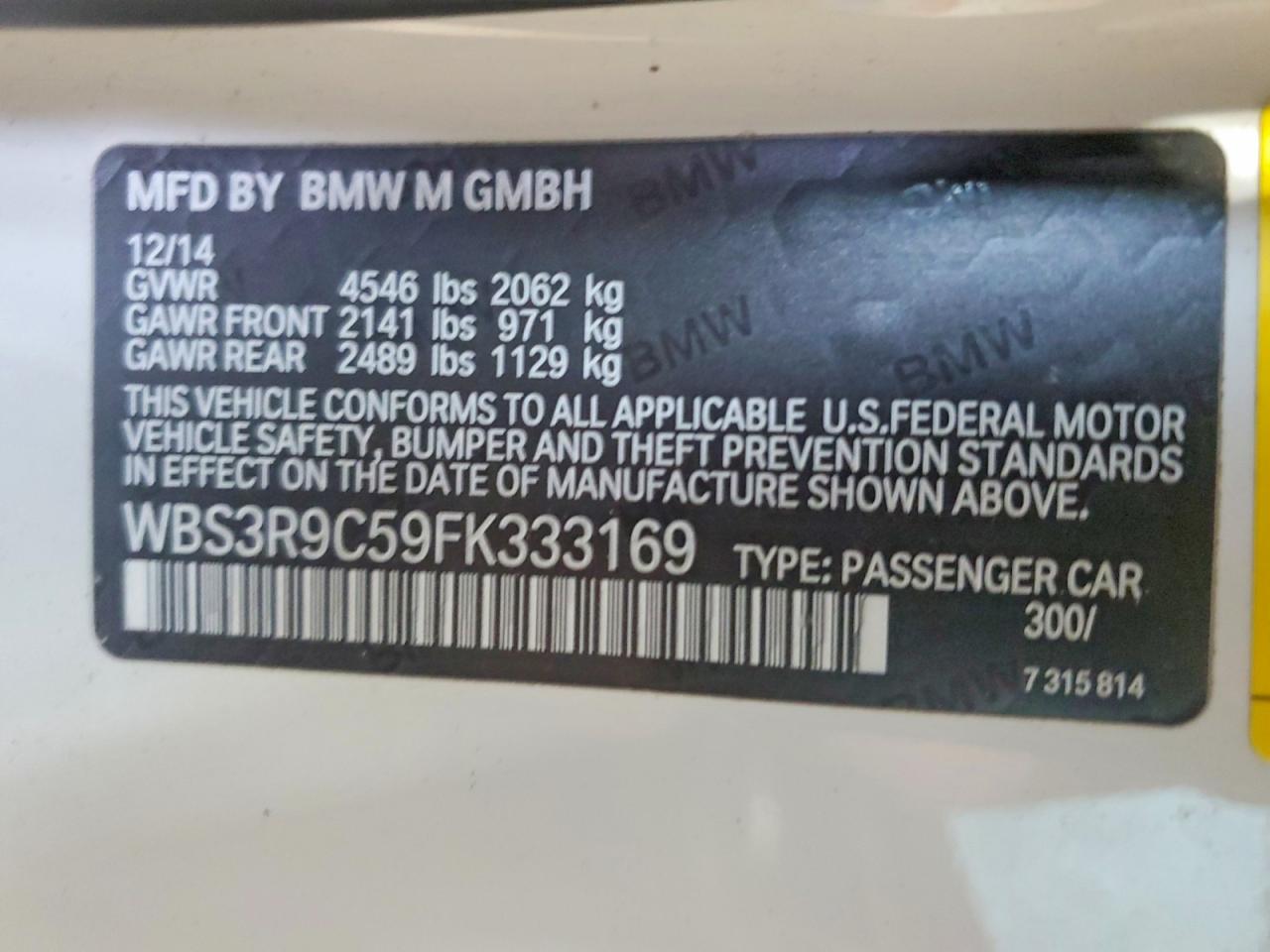 2015 Bmw M4 Белый vin: WBS3R9C59FK333169