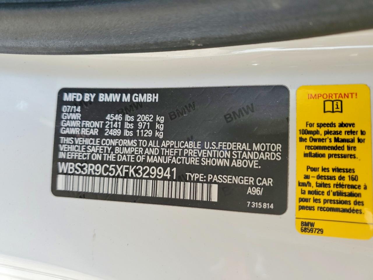 2015 Bmw M4 White vin: WBS3R9C5XFK329941