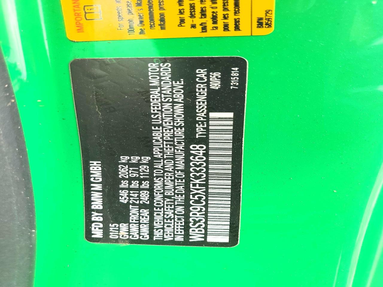 2015 Bmw M4 Green vin: WBS3R9C5XFK333648