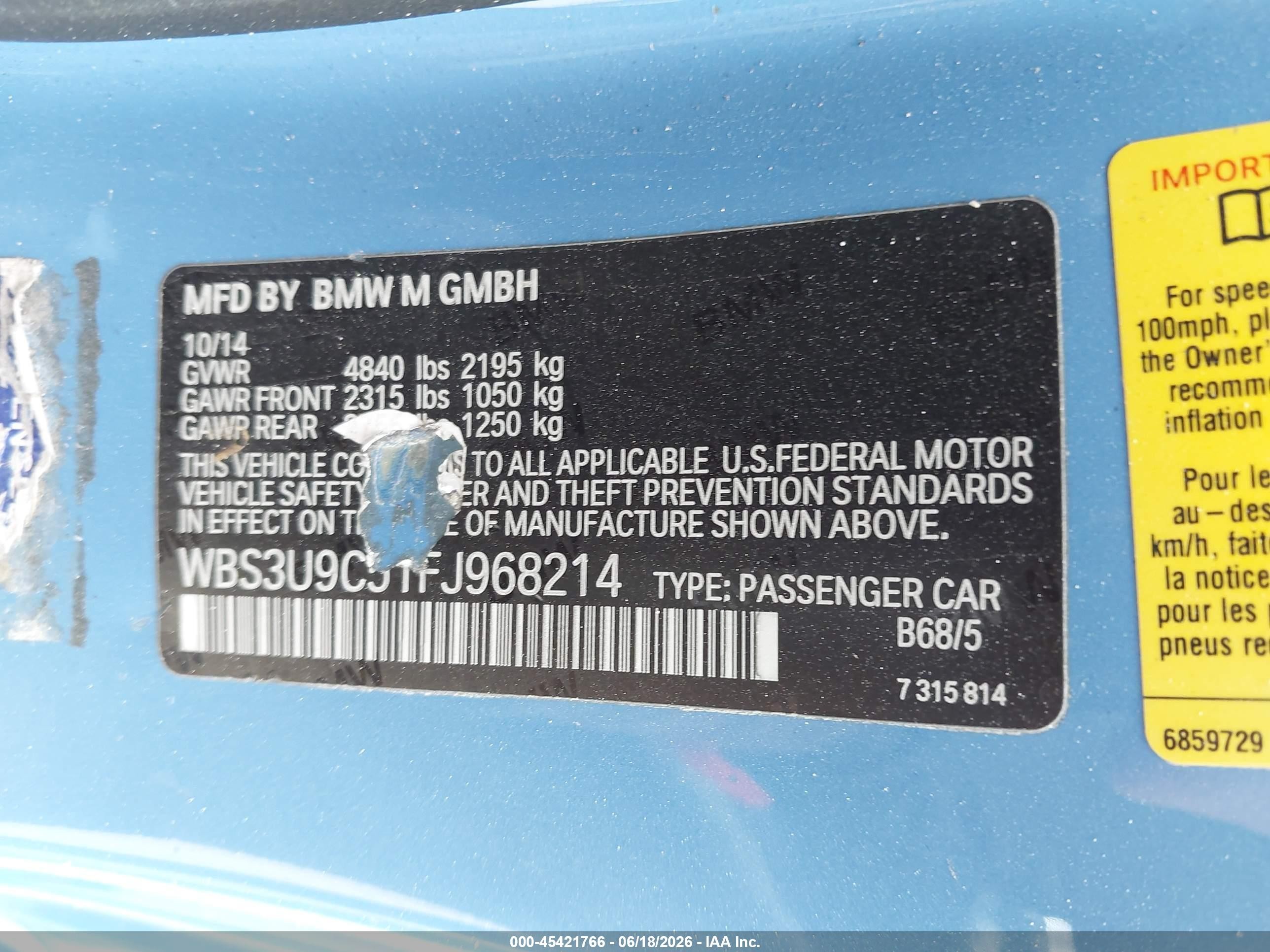 2015 Bmw M4   Blue vin: WBS3U9C51FJ968214