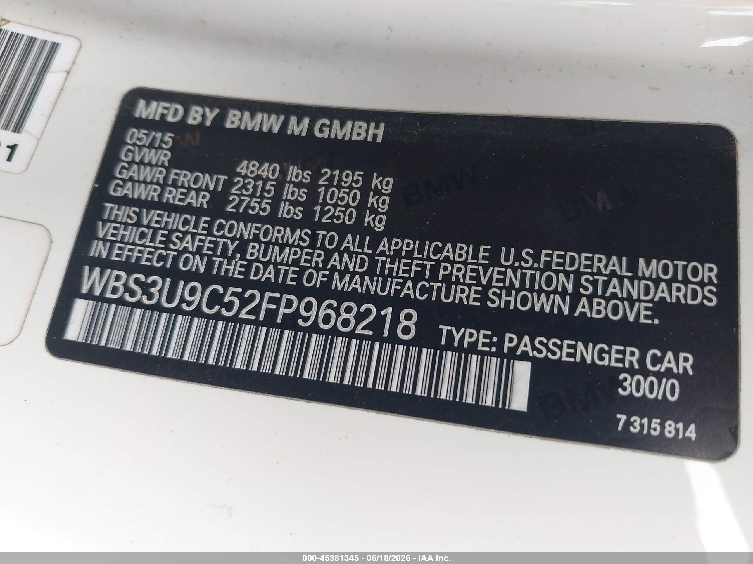 2015 Bmw M4   White vin: WBS3U9C52FP968218