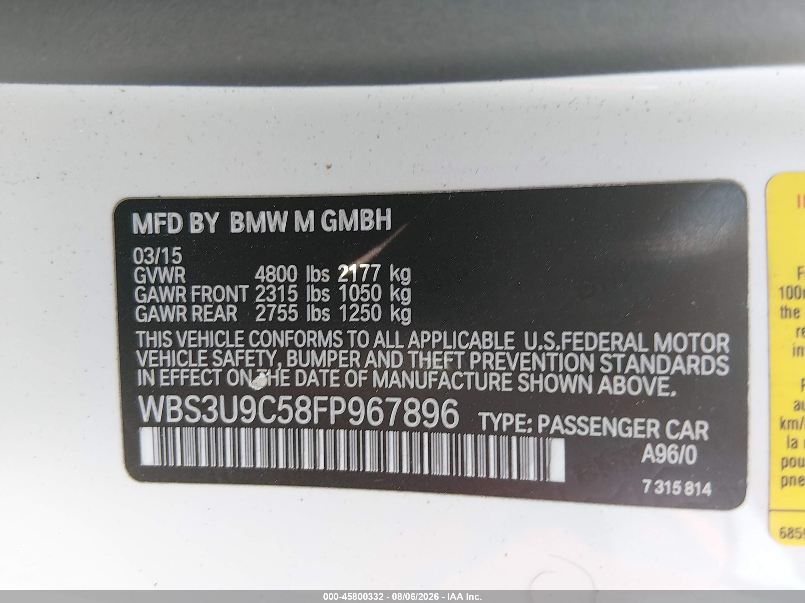 2015 Bmw M4   White vin: WBS3U9C58FP967896