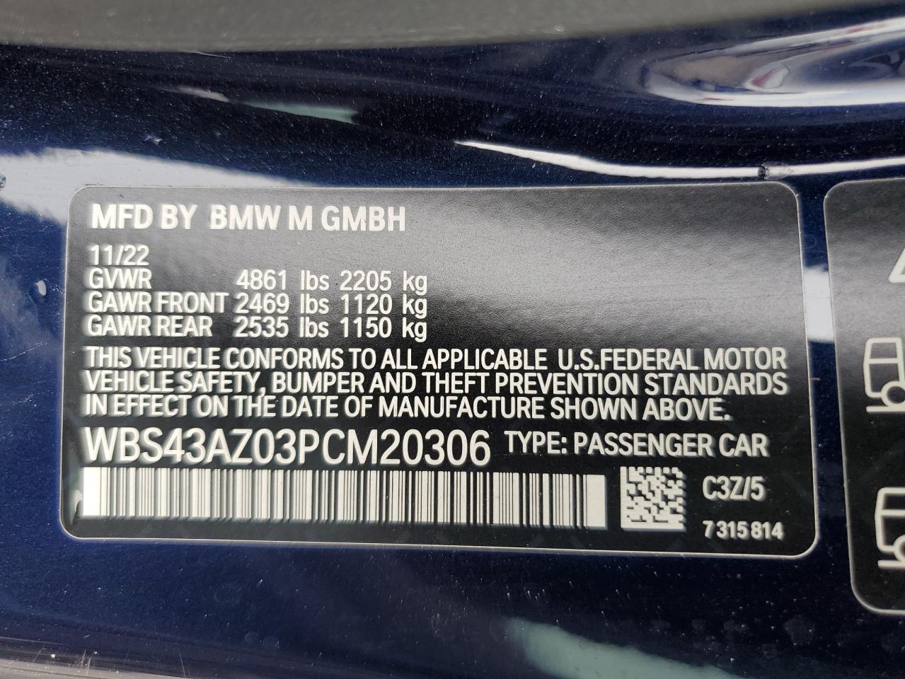 2023 Bmw M4 Competition Blue vin: WBS43AZ03PCM20306