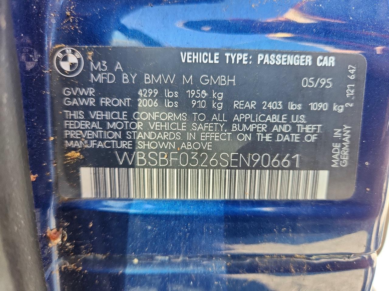 1995 Bmw M3 Automatic Blue vin: WBSBF0326SEN90661