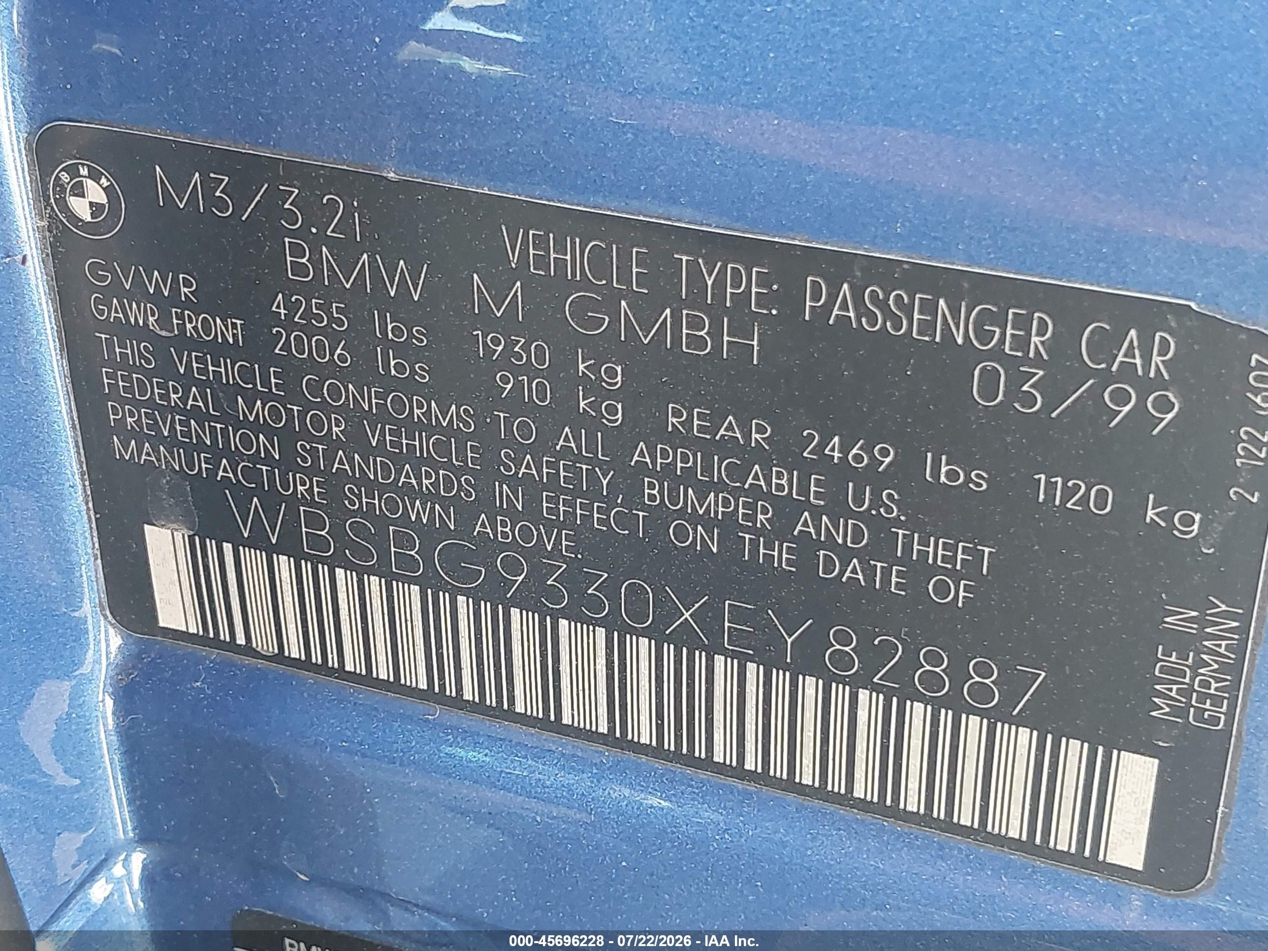 1999 Bmw M3   Blue vin: WBSBG9330XEY82887