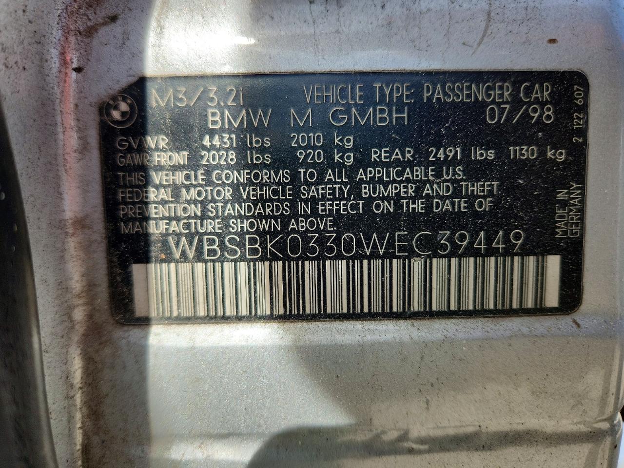 1998 Bmw M3 Automatic Silver vin: WBSBK0330WEC39449